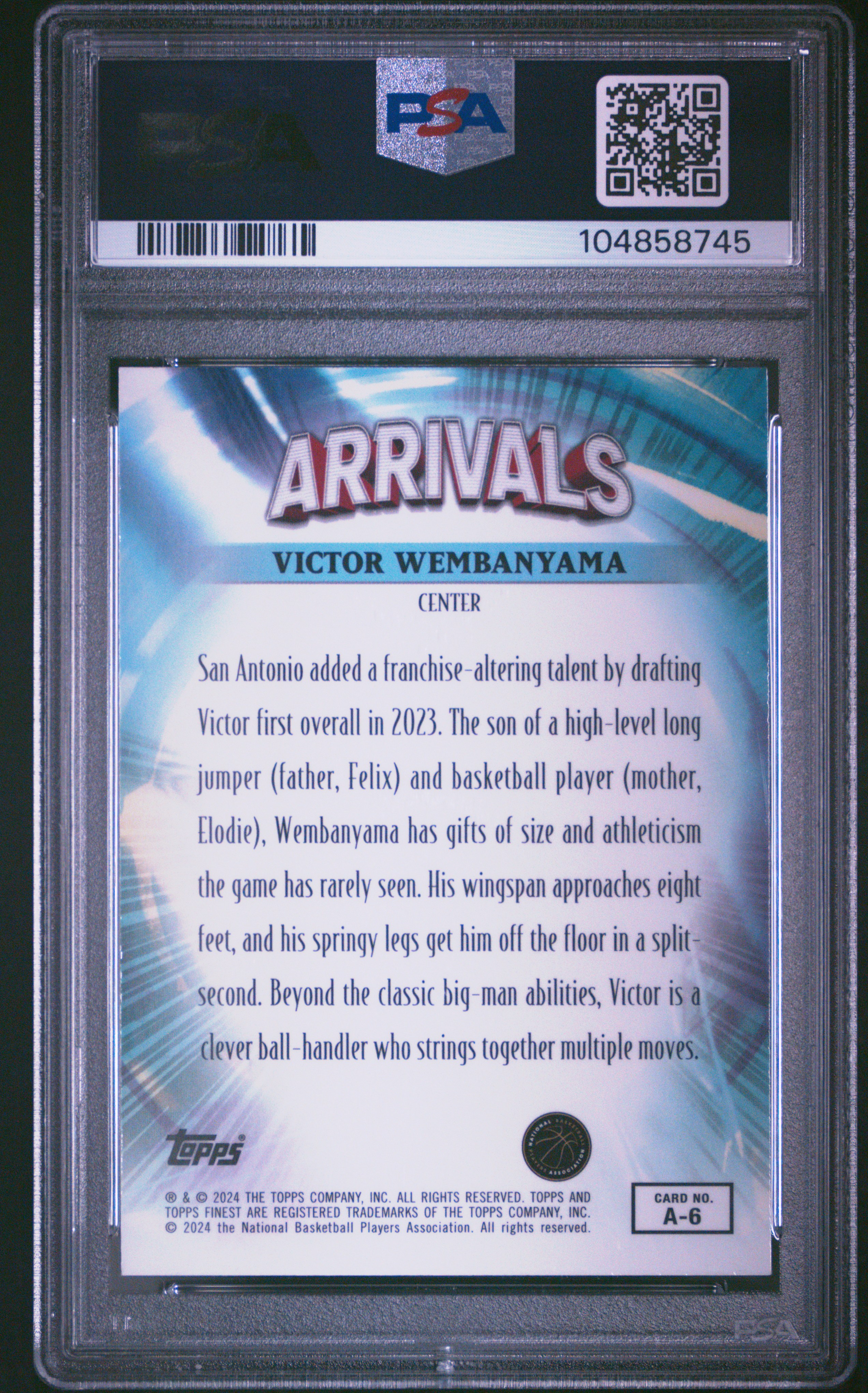 2023 Topps Finest Arrivals Victor Wembanyama #A6 (Arrivals-Purple Chkbd) Gem Mt 10 back