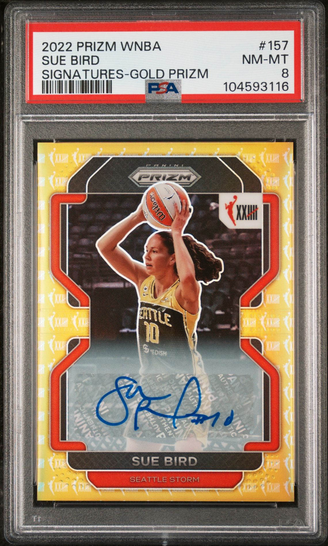 2022 Panini PANINI PRIZM WNBA SIGNATURES-GOLD PRIZM #157 Sue Bird front