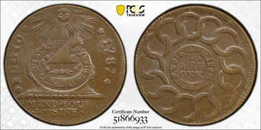 1787 Fugio 1C States United, 4 Cinq MS64+ BN