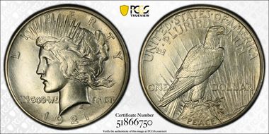 1921 $1 High Relief, Peace N1