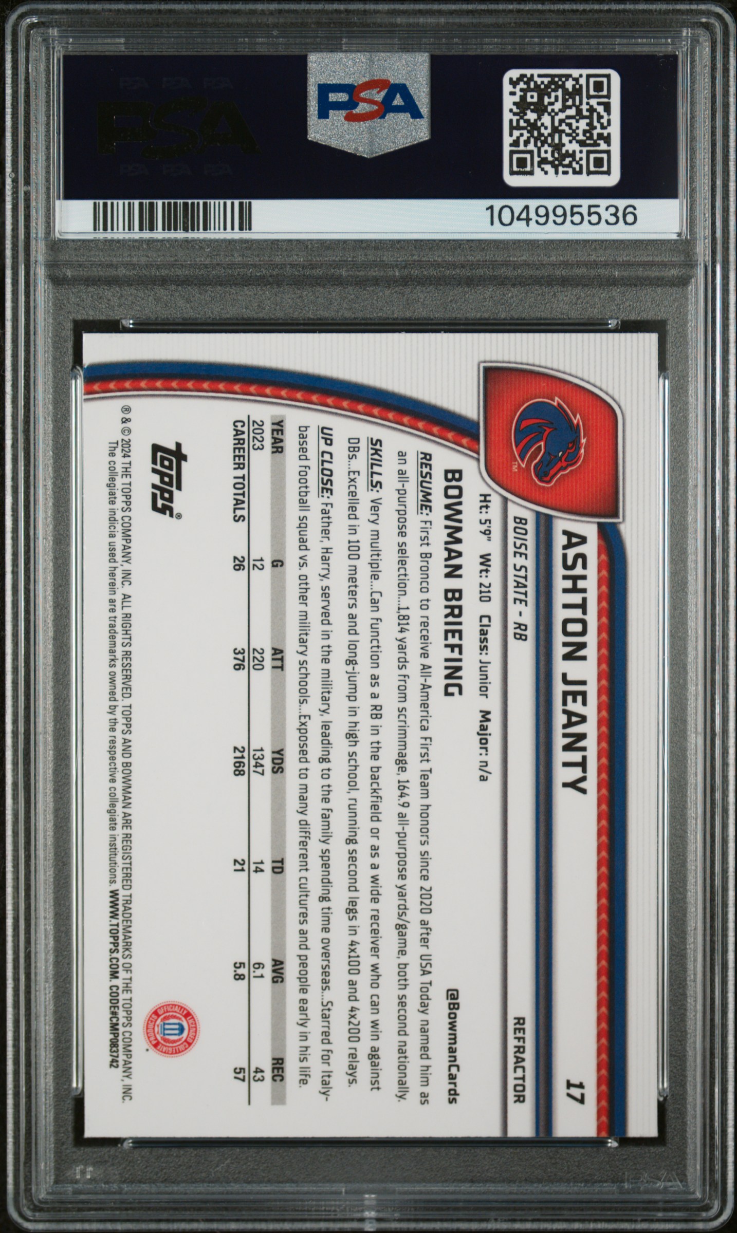 2024 Bowman University Chrome Ashton Jeanty #17 (Refractor) Mint 9 back