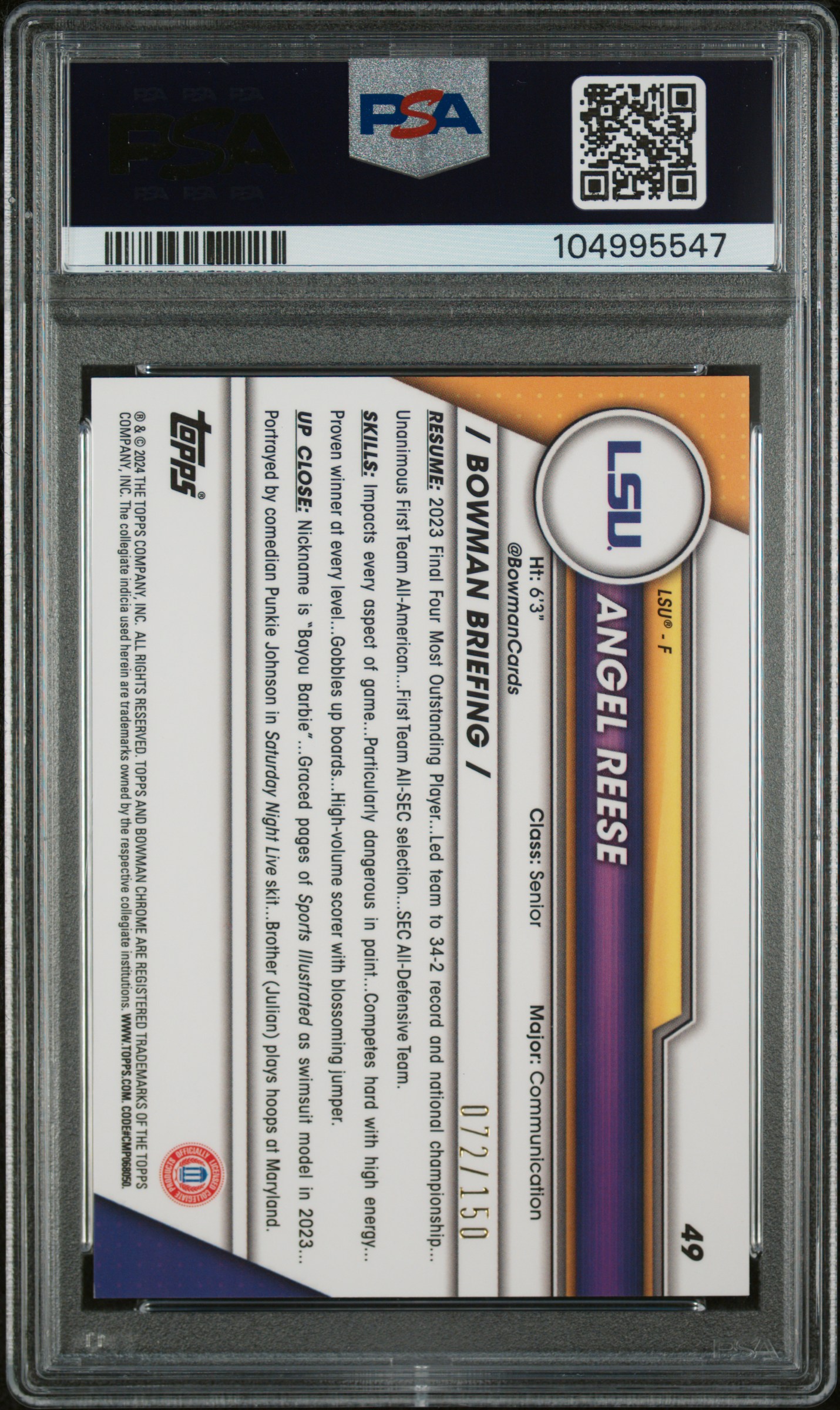 2023 Bowman University Chrome Angel Reese #49 (Fuchsia Mini Diamond) Mint 9 back