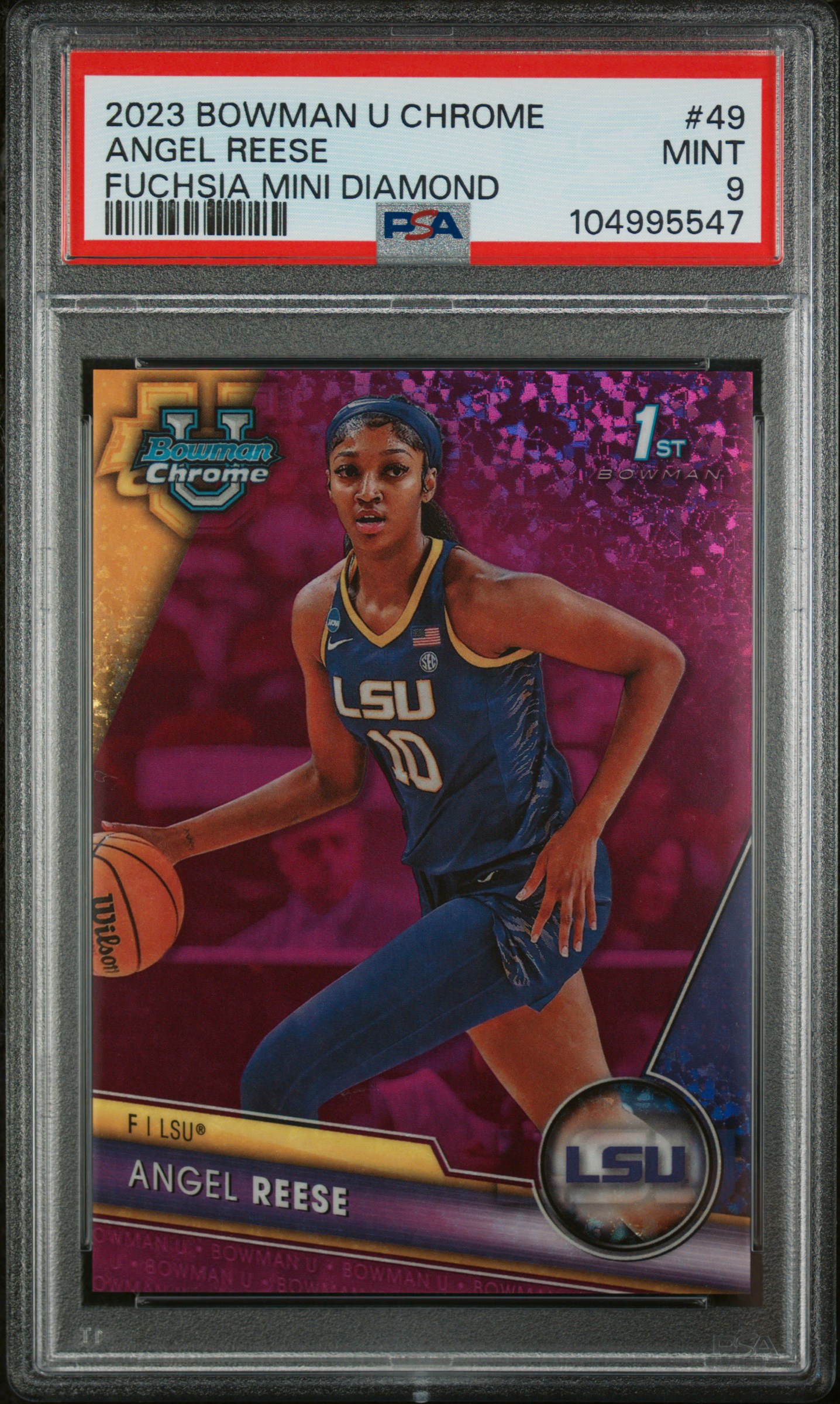 2023 Bowman University Chrome Angel Reese #49 (Fuchsia Mini Diamond) Mint 9 front