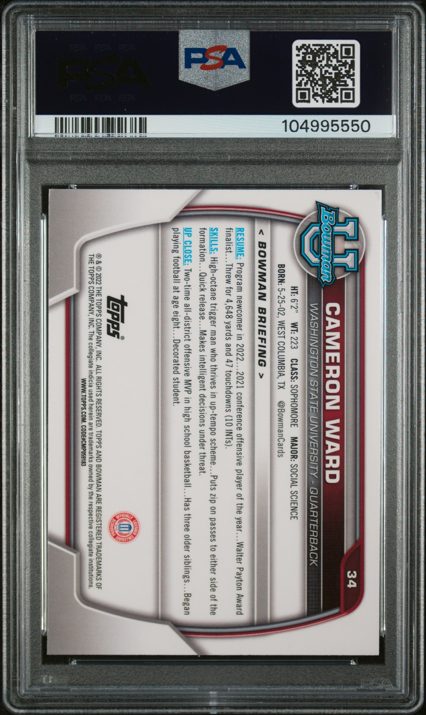 2022 Bowman University Chrome Prospects Cameron Ward #34 (Chr Pros-Purple Shimmer Ref) Mint 9 back