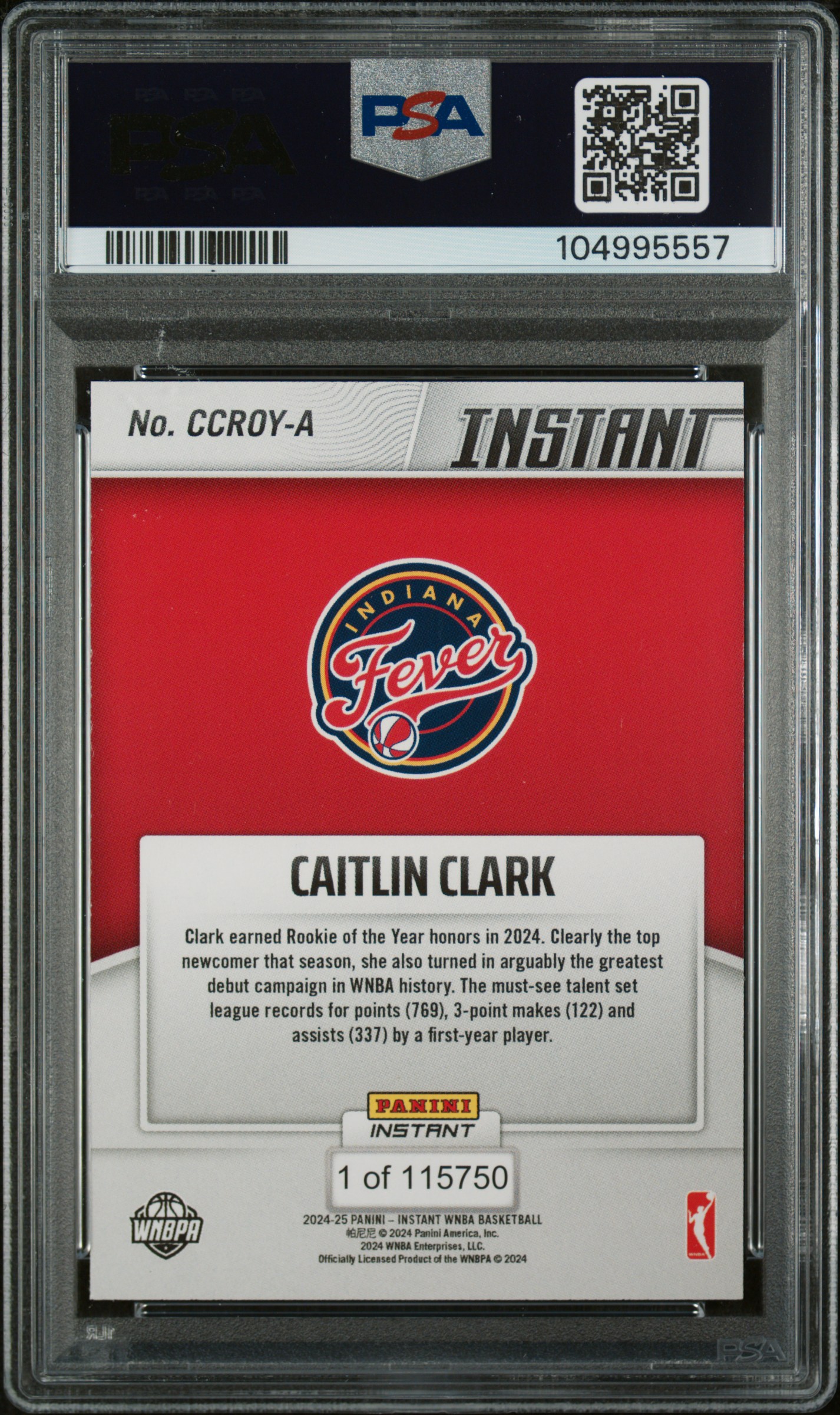 2024 Panini Instant Wnba Rookie Of The Year Caitlin Clark #A Gem Mt 10 back