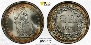 1921 B 2 Fr KM-21  Ag MS66