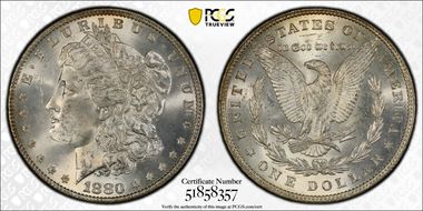 1880 $1 VAM 9, 8/7 Stem MS65