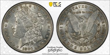 1880-O $1 VAM 49, Hangnail AU58