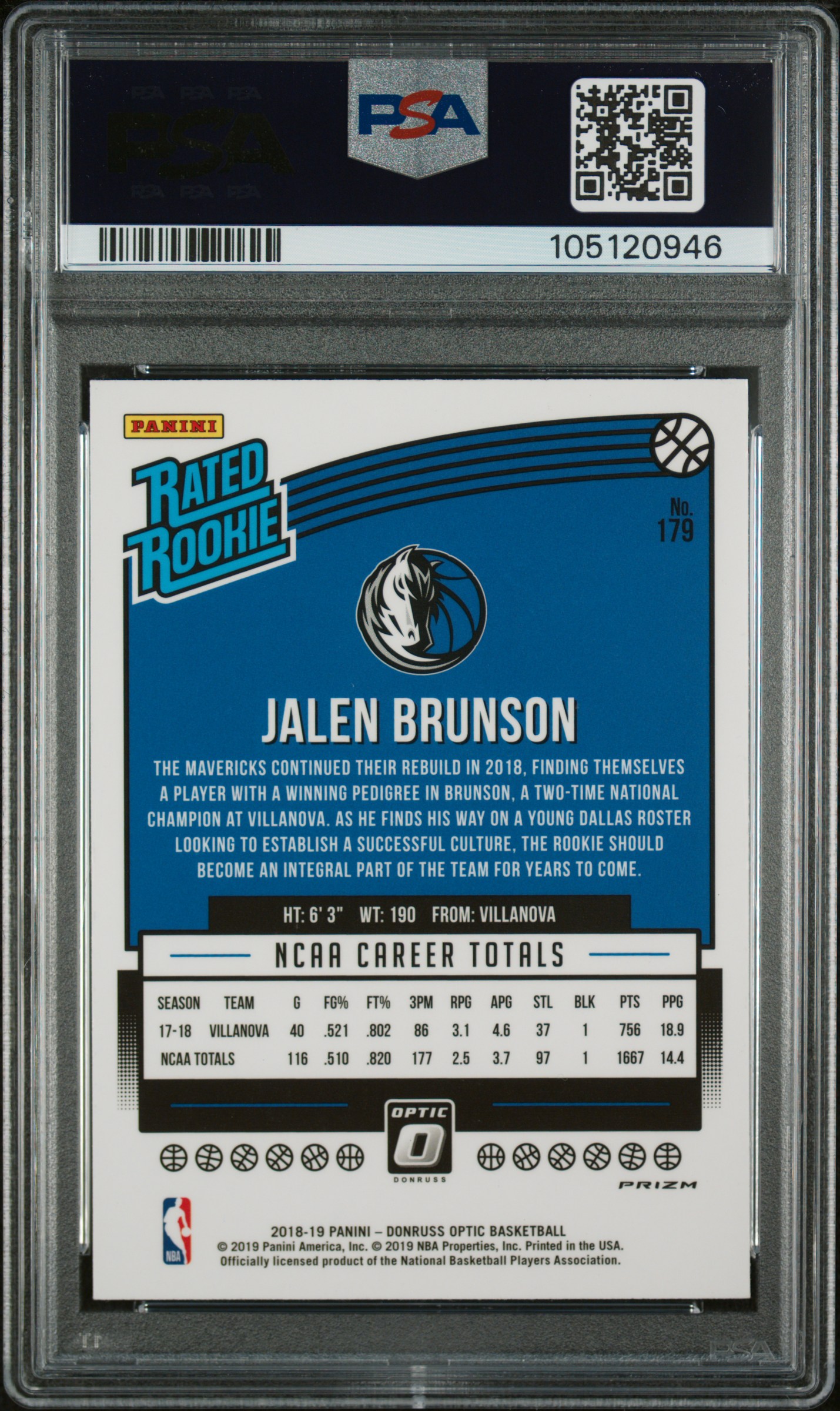 2018 Panini Donruss Optic Jalen Brunson #179 (Hyper Pink) Gem Mt 10 back