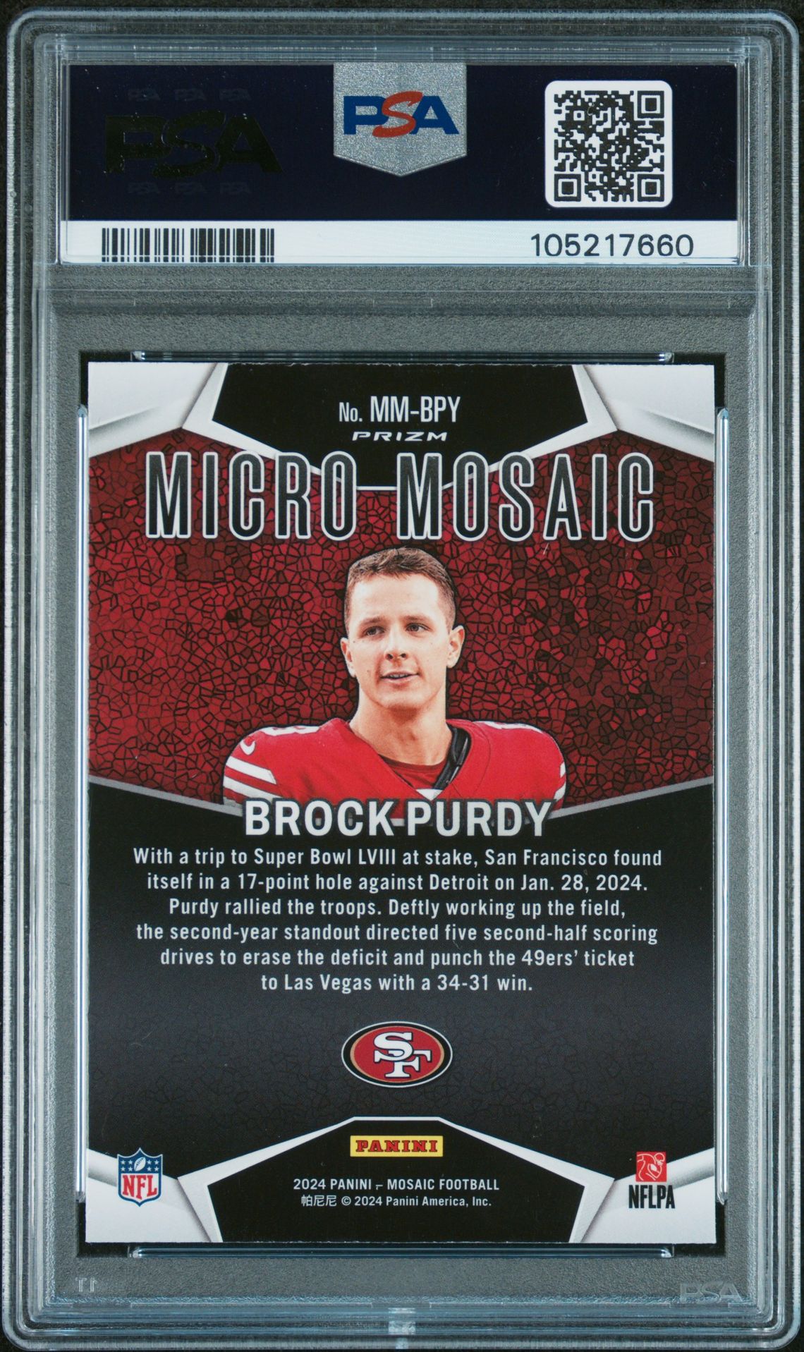 2024 Panini Mosaic Micro Mosaic Brock Purdy #Mmbpy Gem Mt 10 back view - PSA certificate #105217660