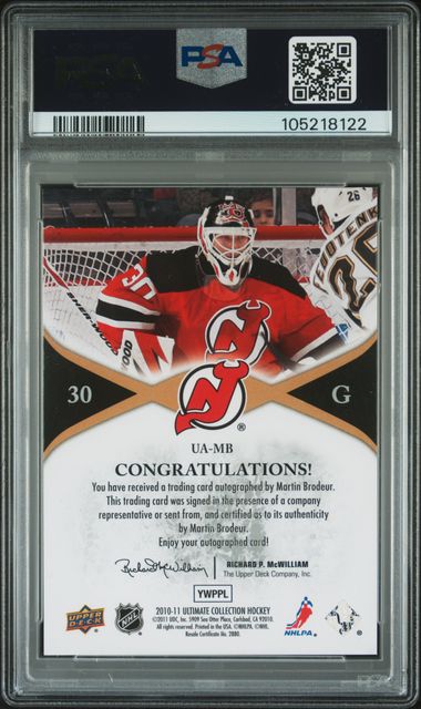 2010 Upper Deck Ultimate Collection Ultimate Achievements Autographs Martin Brodeur #Uamb (Achievements Auto.) Mint 9 back