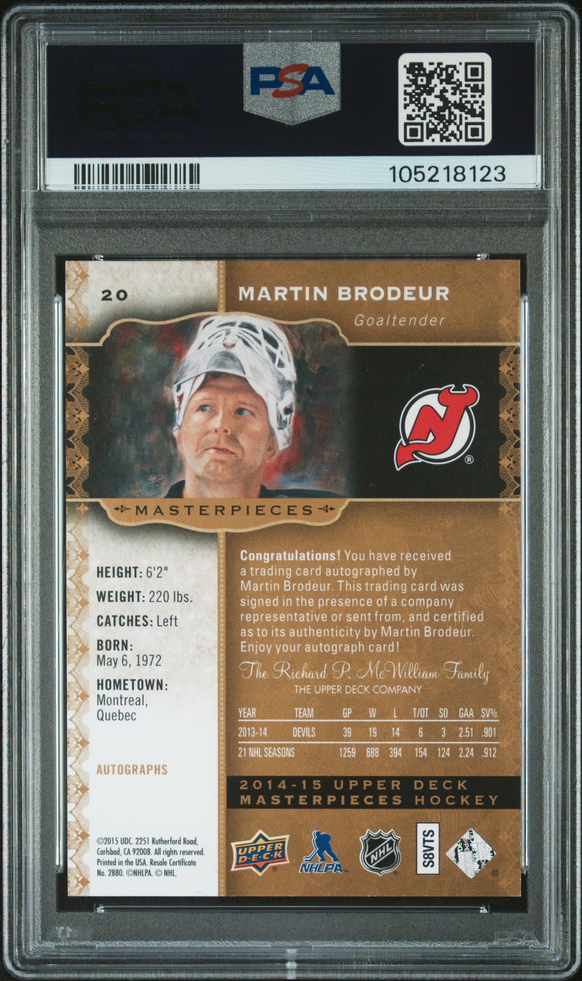2014 Upper Deck Masterpieces Martin Brodeur #20 (Autograph) Gem Mt 10 back