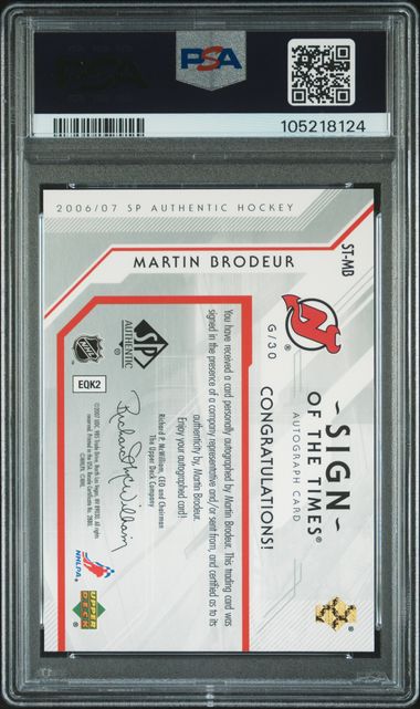 2006 Sp Authentic Sign Of The Times Martin Brodeur #St-Mb (Sign Of The Times) Mint 9 back