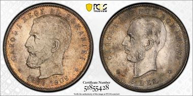 1906 5 Lei 40th Ann. of Carol I KM-35  Ag MS64