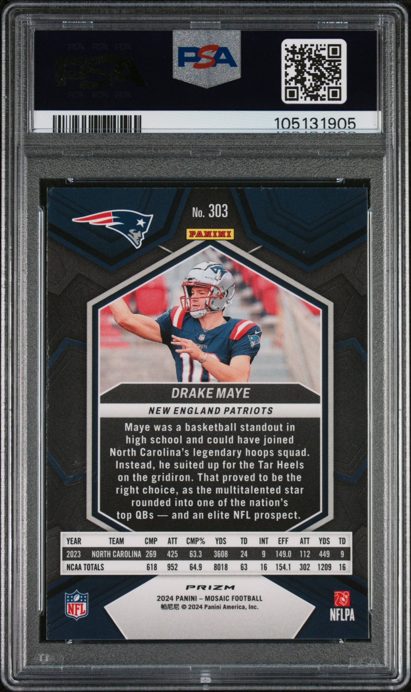 2024 Panini Mosaic Drake Maye #303 (Reactive Blue) Gem Mt 10 back