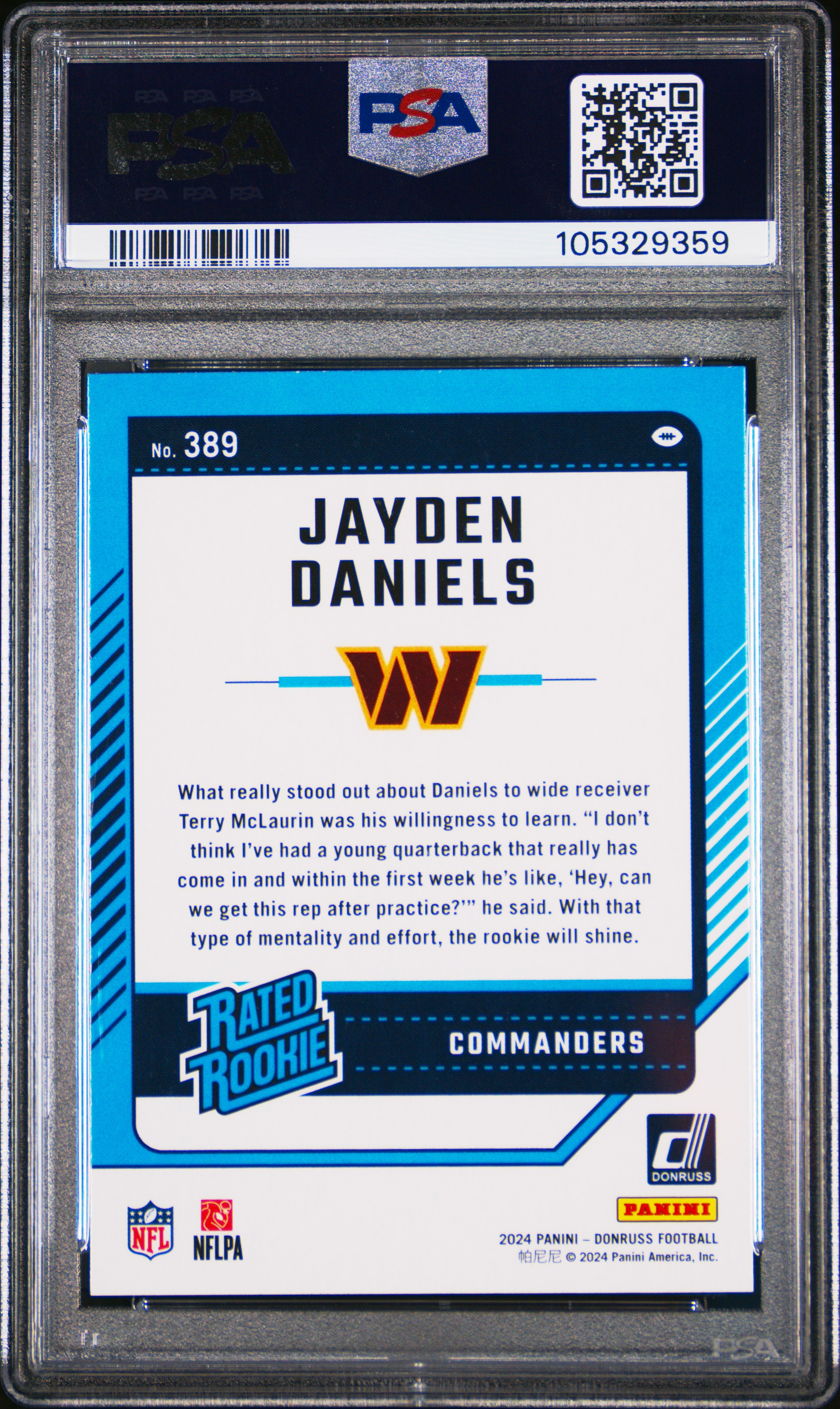2024 Panini Donruss Jayden Daniels #389 Gem Mt 10 back