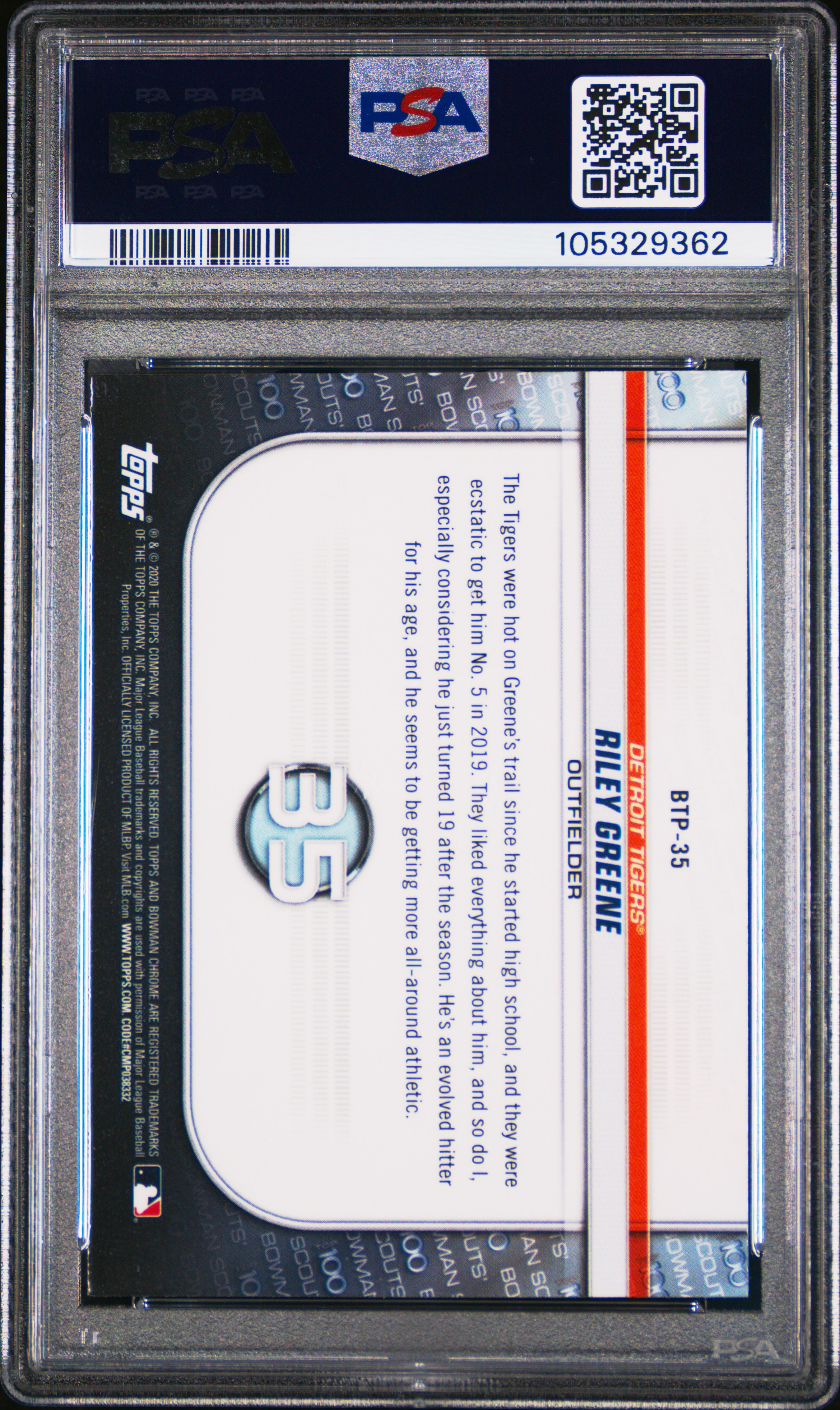 2020 Bowman Chrome Scouts' Top 100 Riley Greene #Btp35 (Scouts' Top 100) Gem Mt 10 back