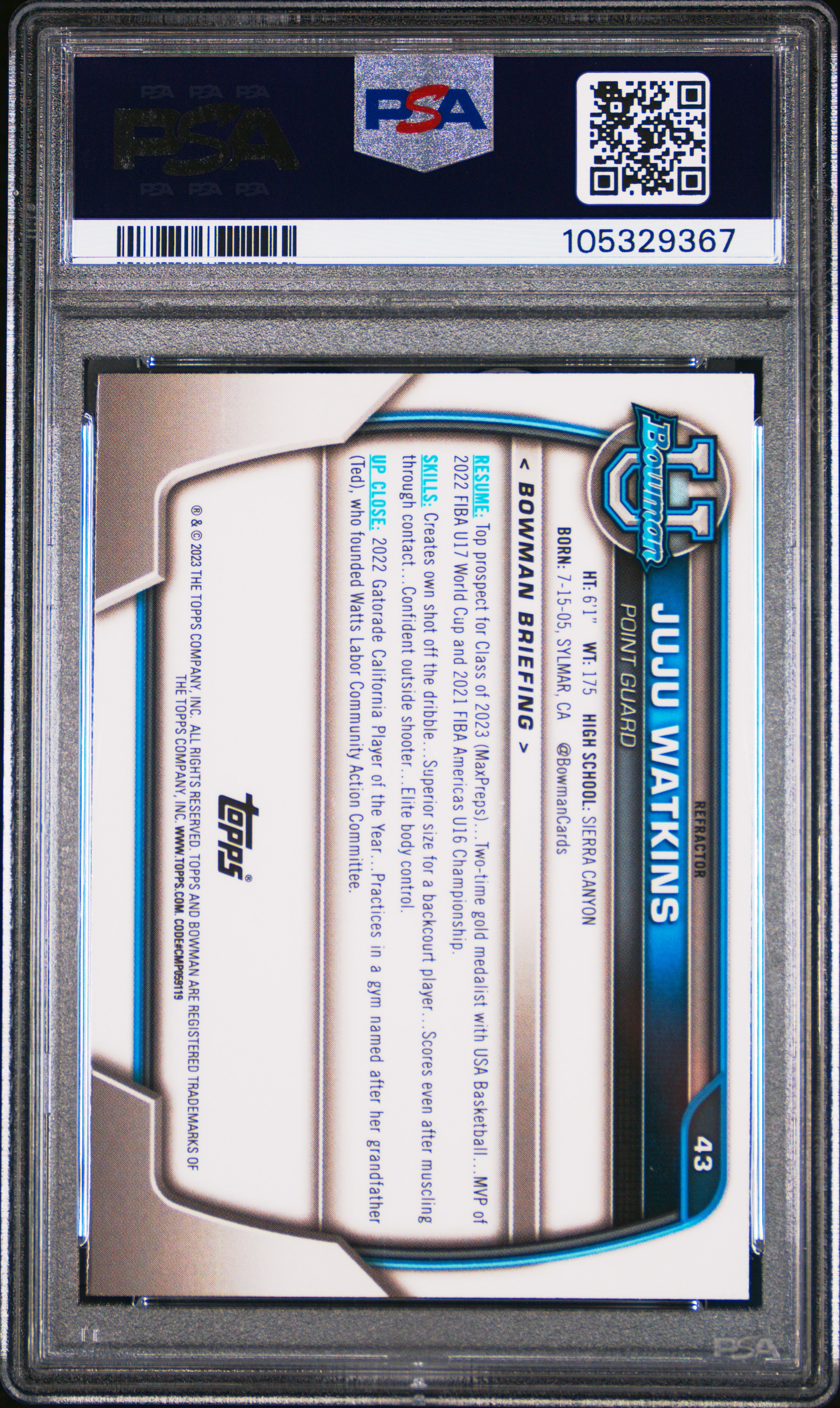 2022 Bowman Chrome University Juju Watkins #43 (Refractor) Mint 9 back