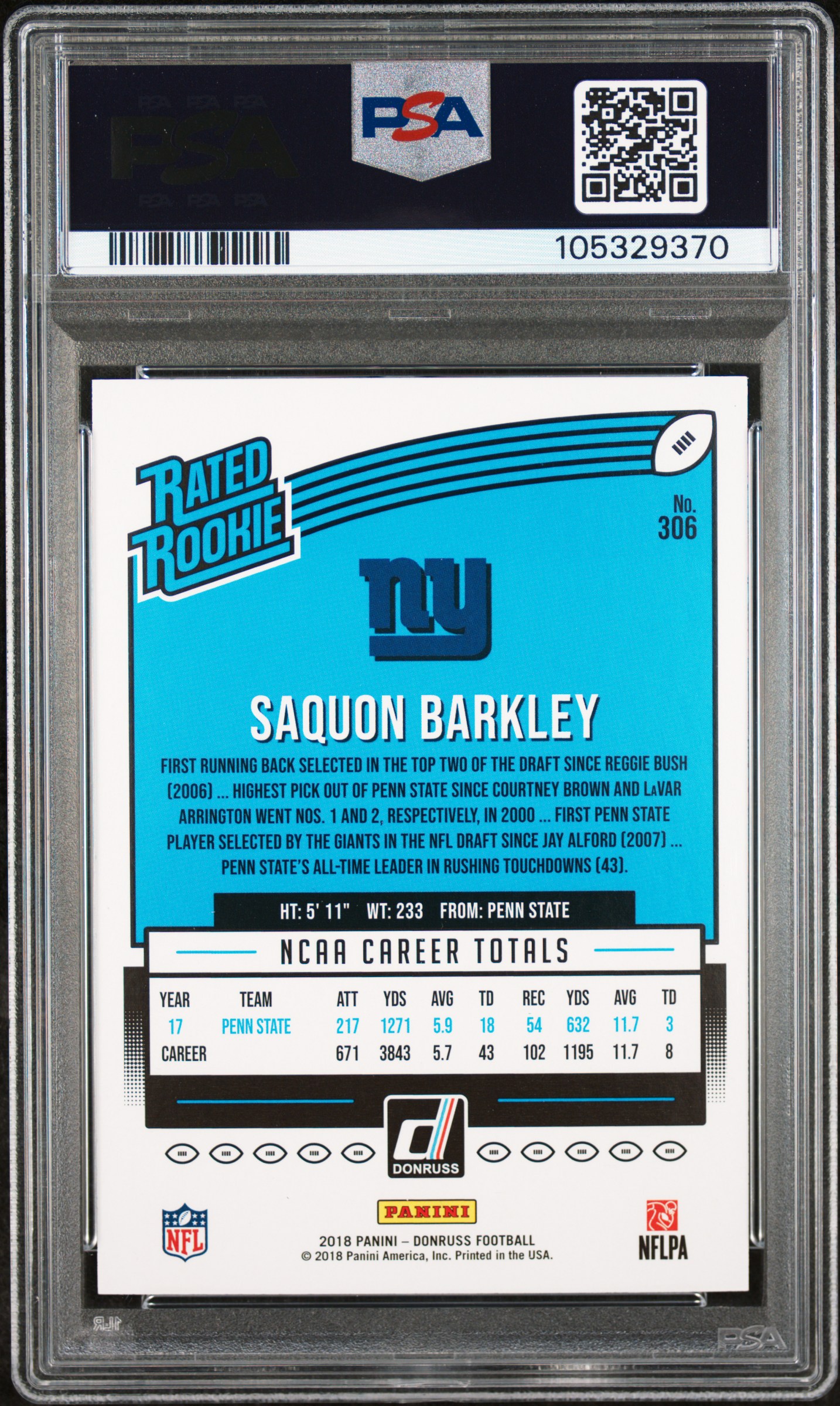 2018 Panini Donruss Saquon Barkley #306 Mint 9 back