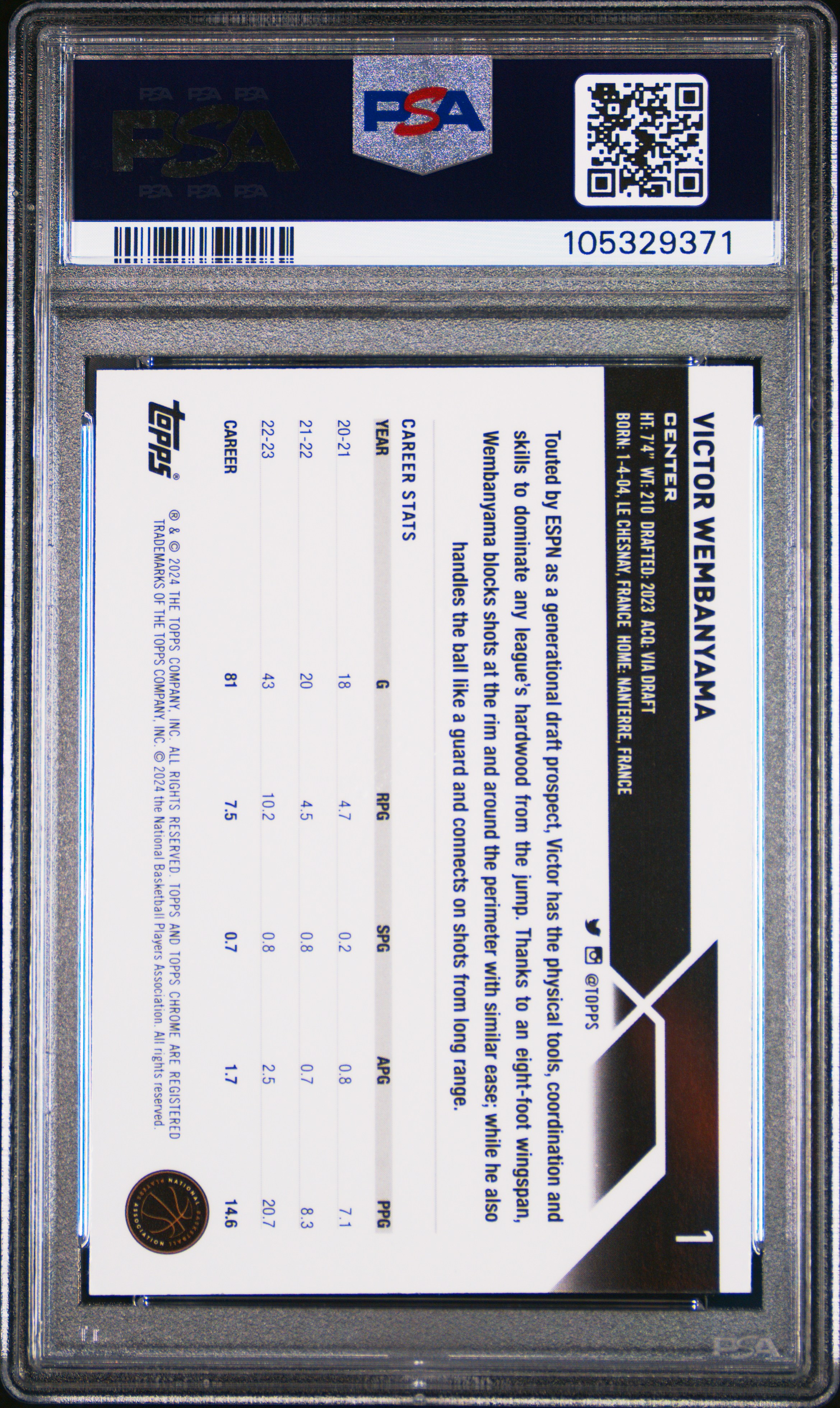 2023 Topps Chrome Victor Wembanyama #1 (Green Topps Refractor) Mint 9 back