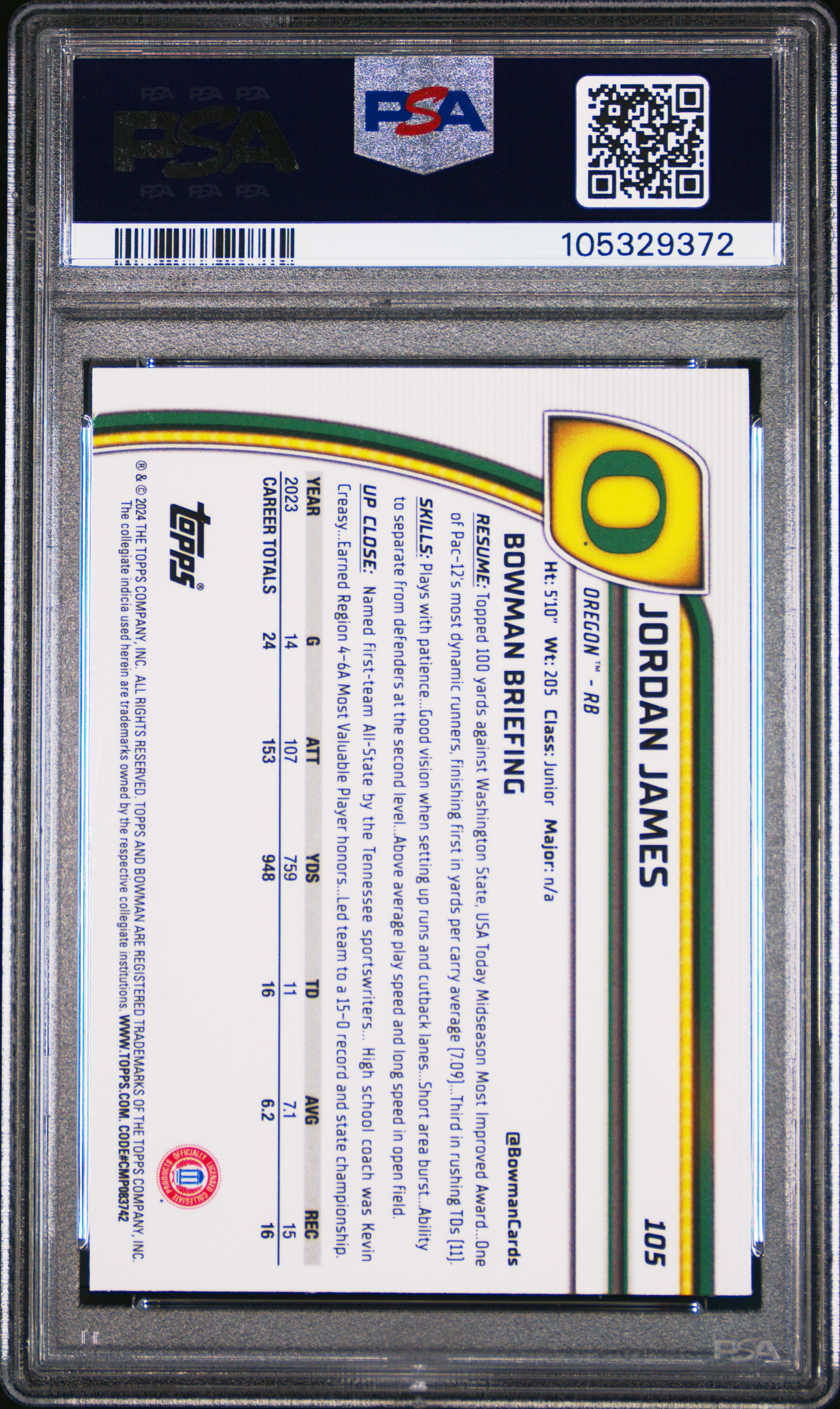 2024 Bowman University Chrome Jordan James #105 (Purple Refractor) Gem Mt 10 back