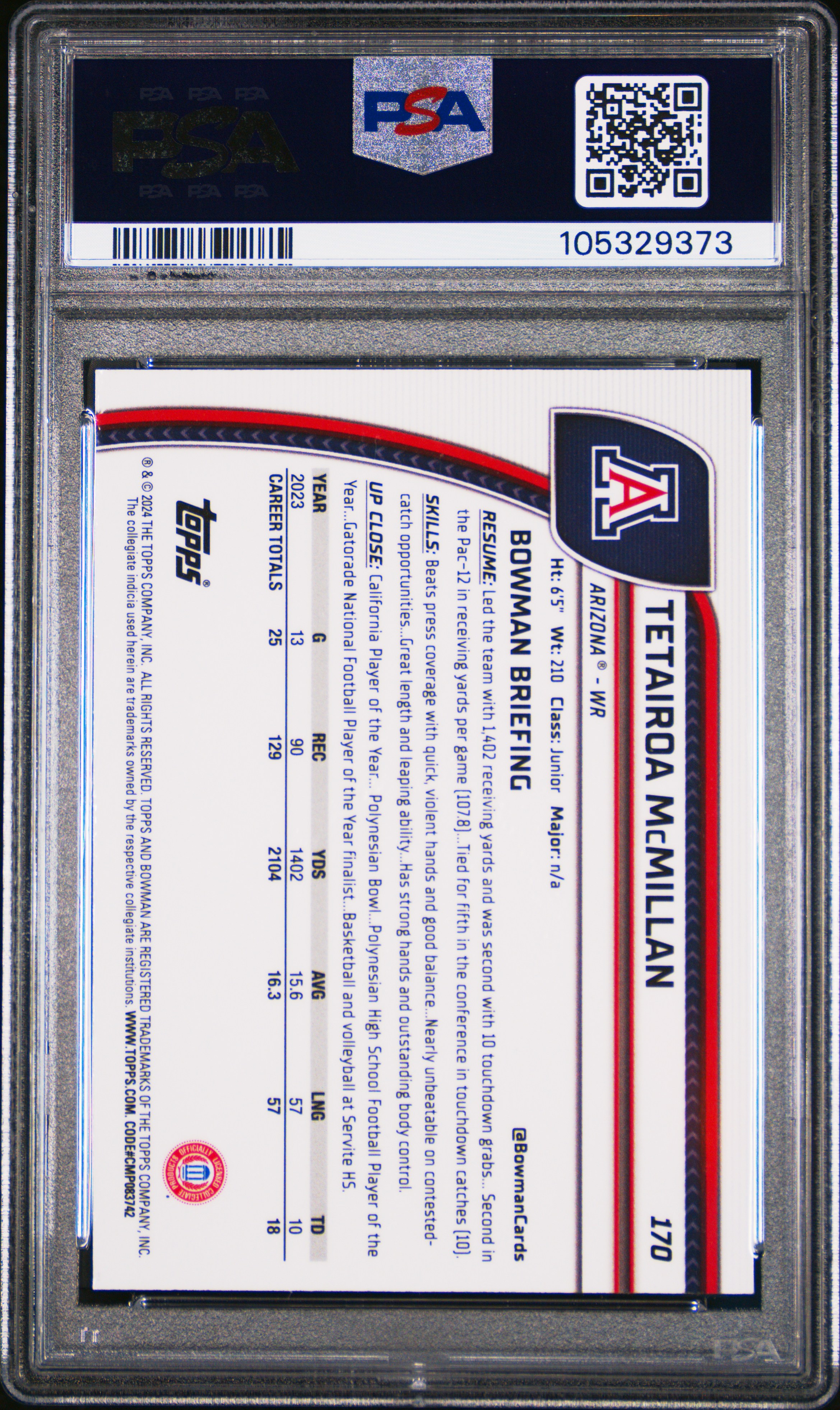 2024 Bowman University Chrome Tetairoa Mcmillan #170 (X-Fractor) Gem Mt 10 back