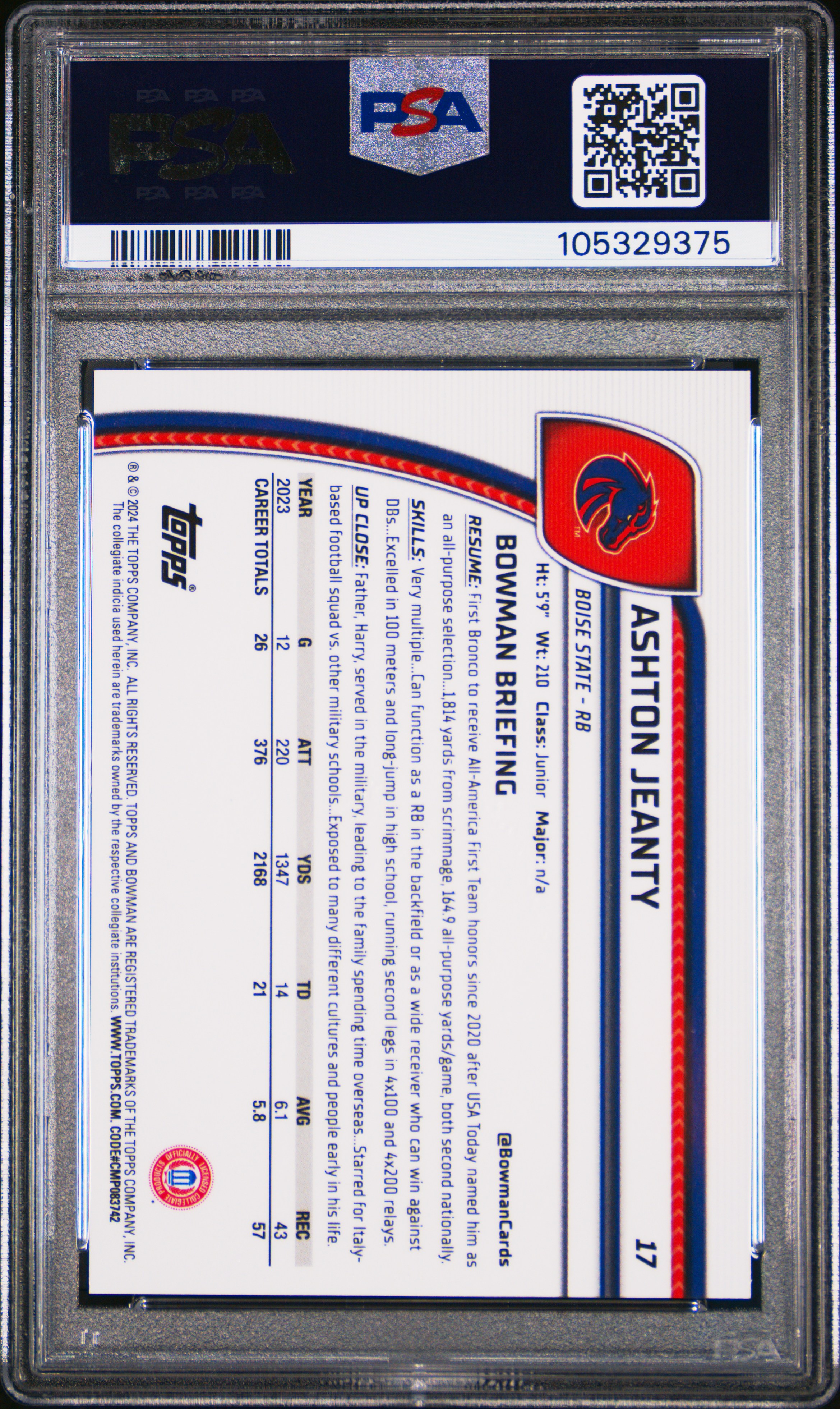 2024 Bowman University Chrome Ashton Jeanty #17 (Stealth Refractor) Gem Mt 10 back