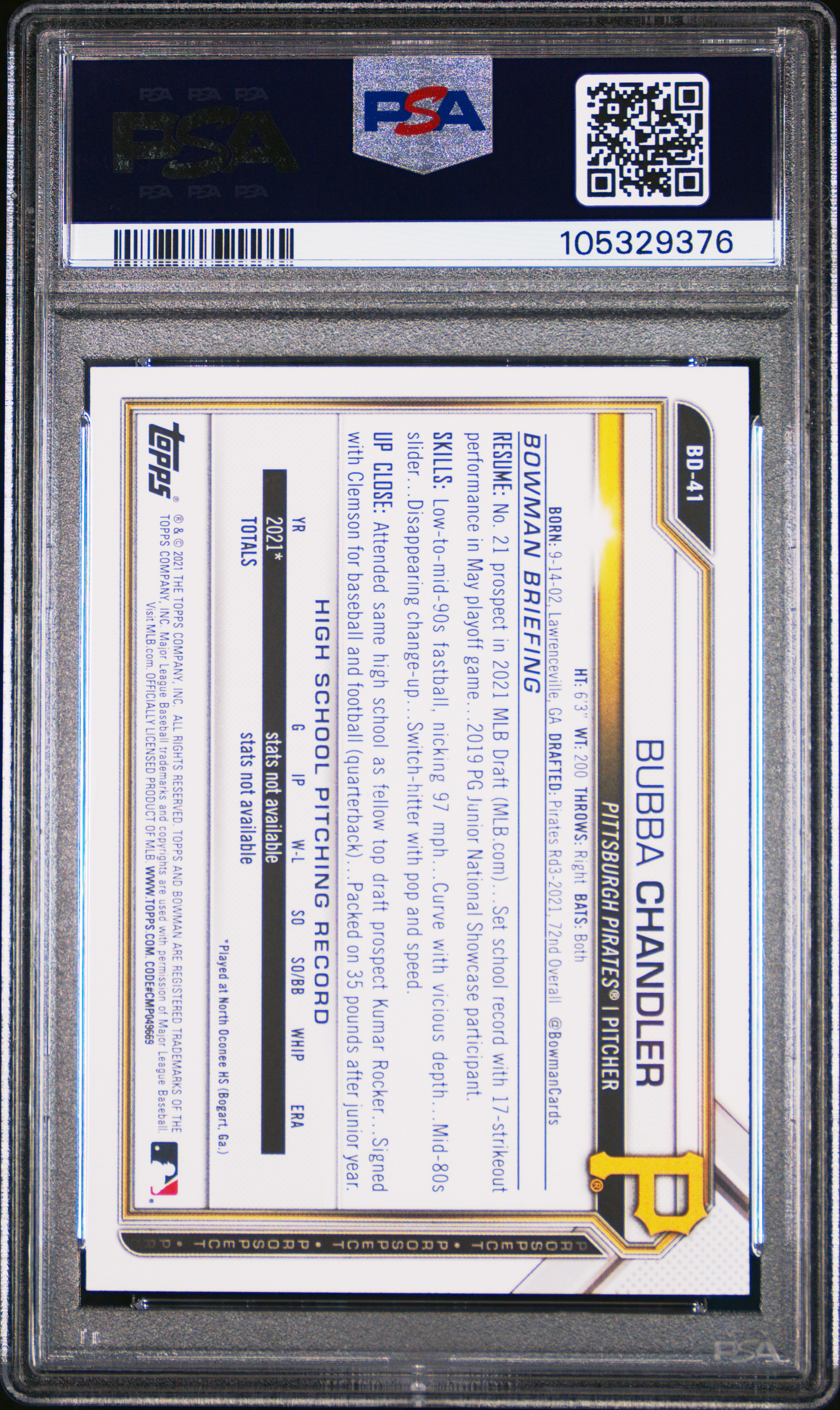 2021 Bowman Draft Bubba Chandler #Bd41 Gem Mt 10 back