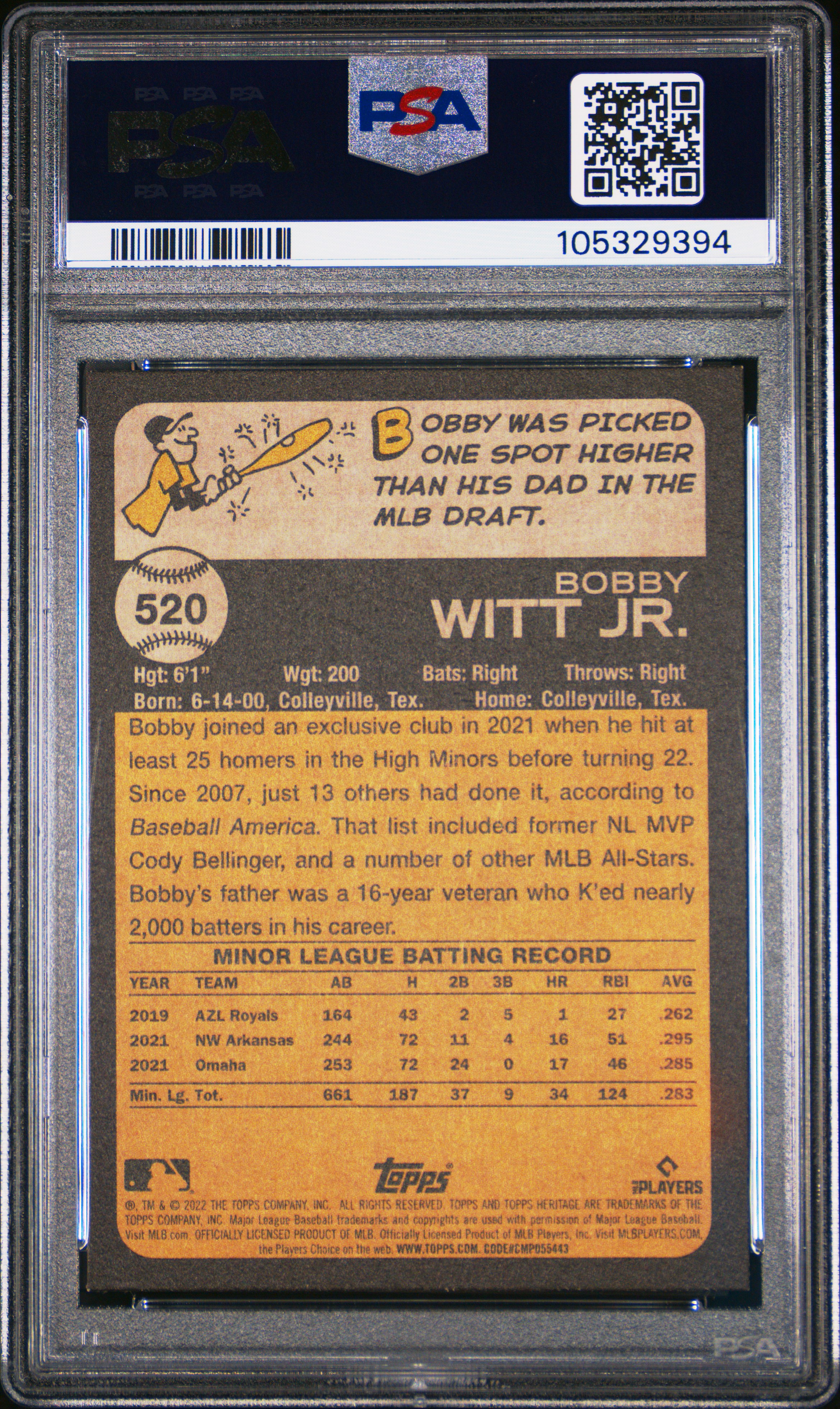 2022 Topps Heritage Bobby Witt Jr. #520 Mint 9 back