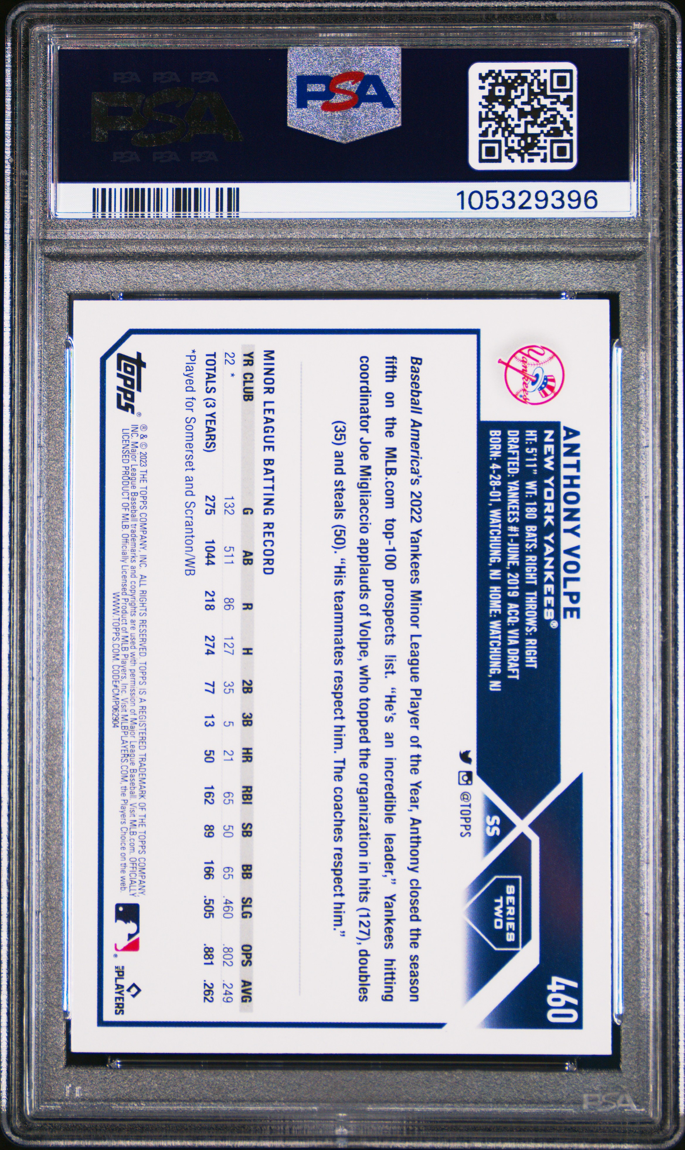 2023 Topps Anthony Volpe #460 Mint 9 back