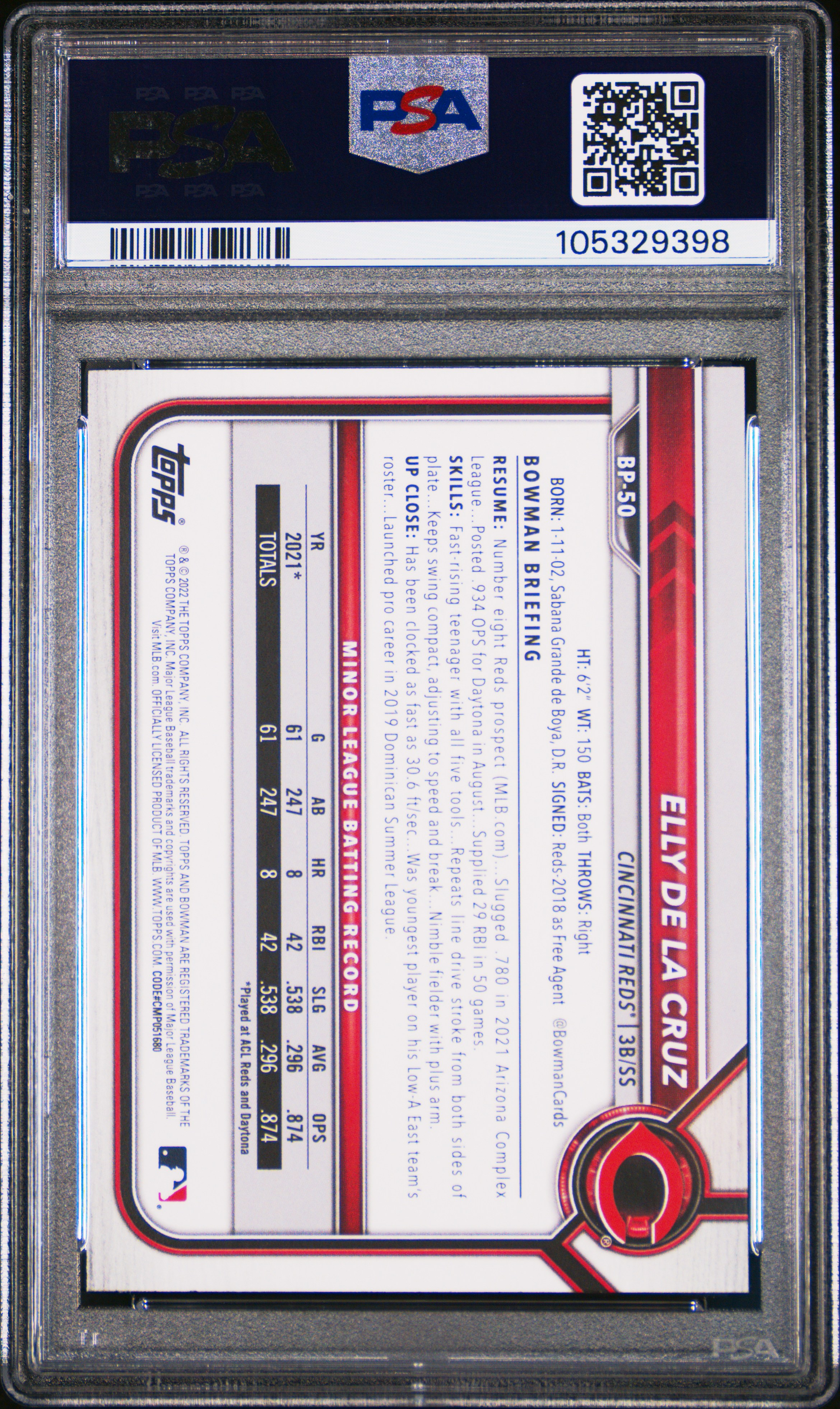 2022 Bowman Paper Prospects Elly De La Cruz #Bp50 (Paper Prospects) Gem Mt 10 back