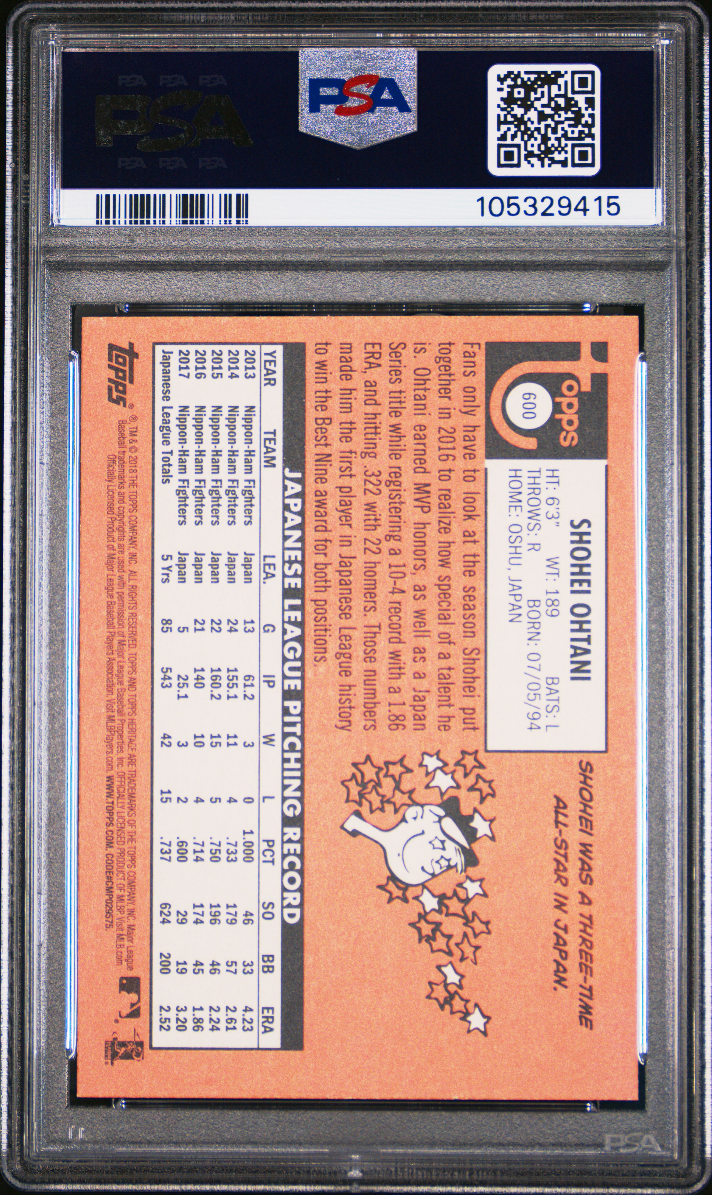 2018 Topps Heritage Shohei Ohtani #600 Mint 9 back