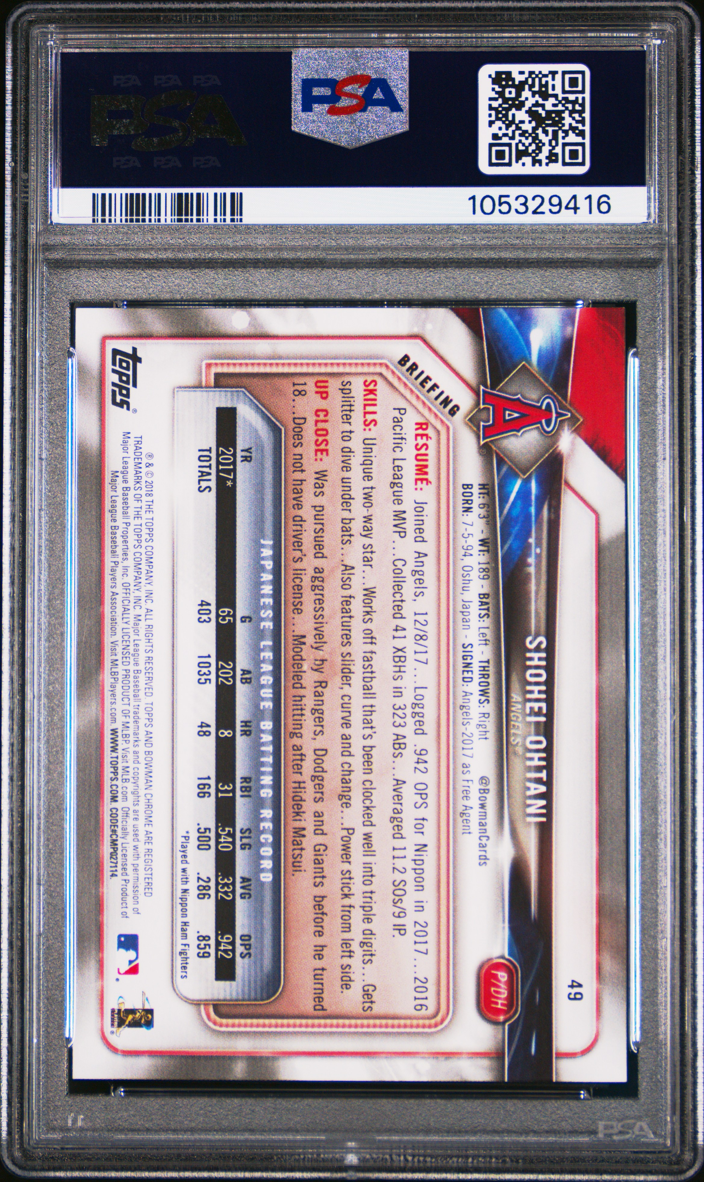 2018 Bowman Shohei Ohtani #49 Mint 9 back