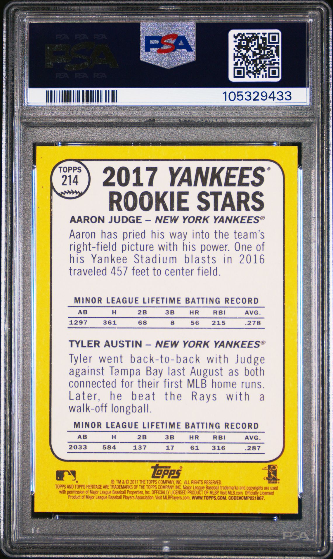 2017 Topps Heritage A.judge/T.austin #214 Mint 9 back