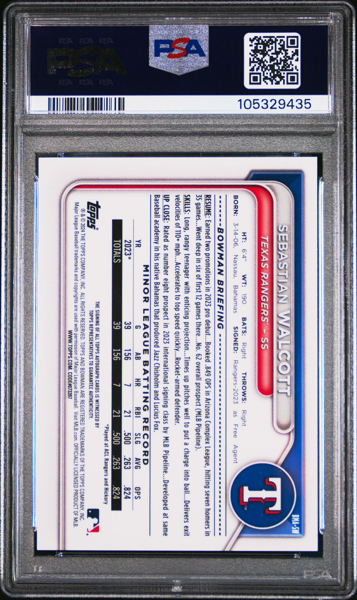 2024 Bowman Mega Box Chrome Bowman Prospect Mega Autographs Sebastian Walcott #Sw (Prospects Autograph) Gem Mt 10 back view - PSA certificate #105329435
