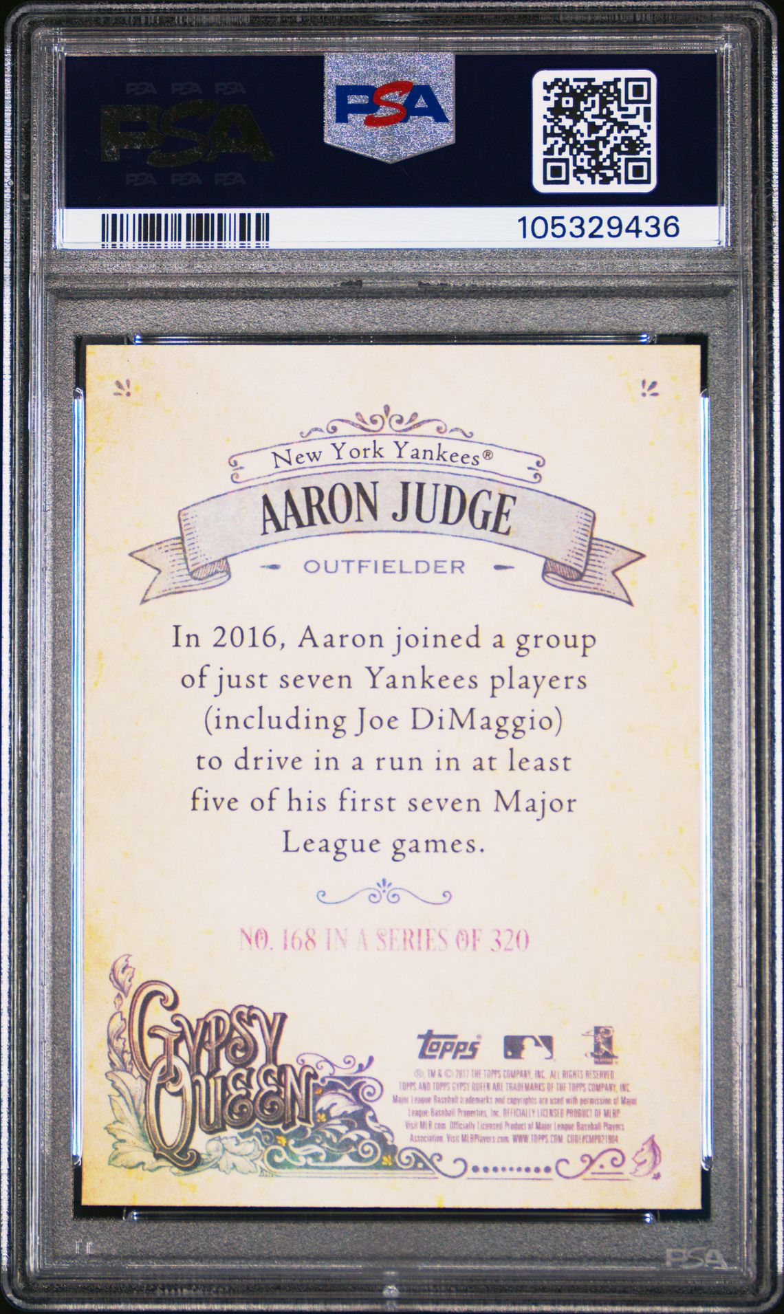 2017 Topps Gypsy Queen Aaron Judge #168 (W/Cap) Gem Mt 10 back view - PSA certificate #105329436