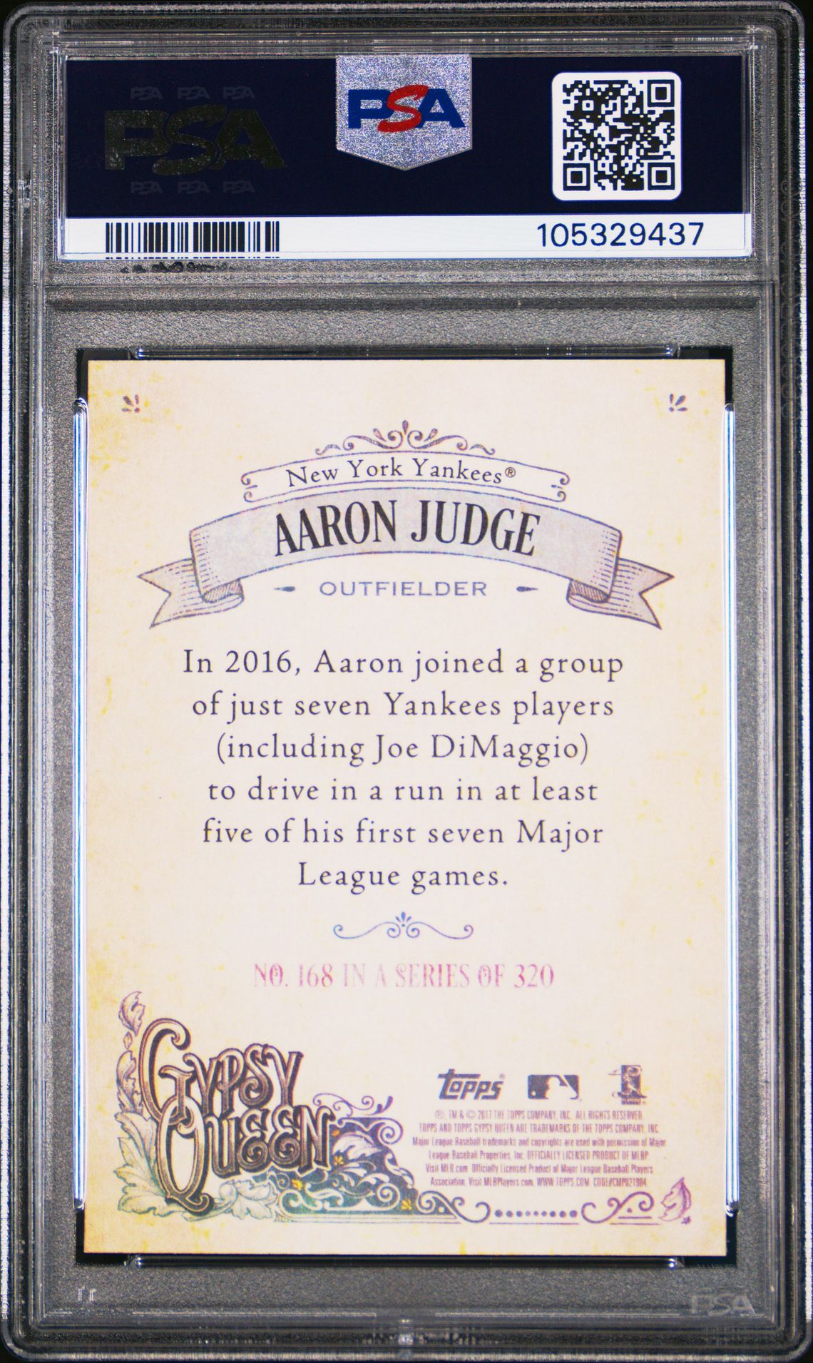 2017 Topps Gypsy Queen Aaron Judge #168 (W/Cap) Gem Mt 10 back