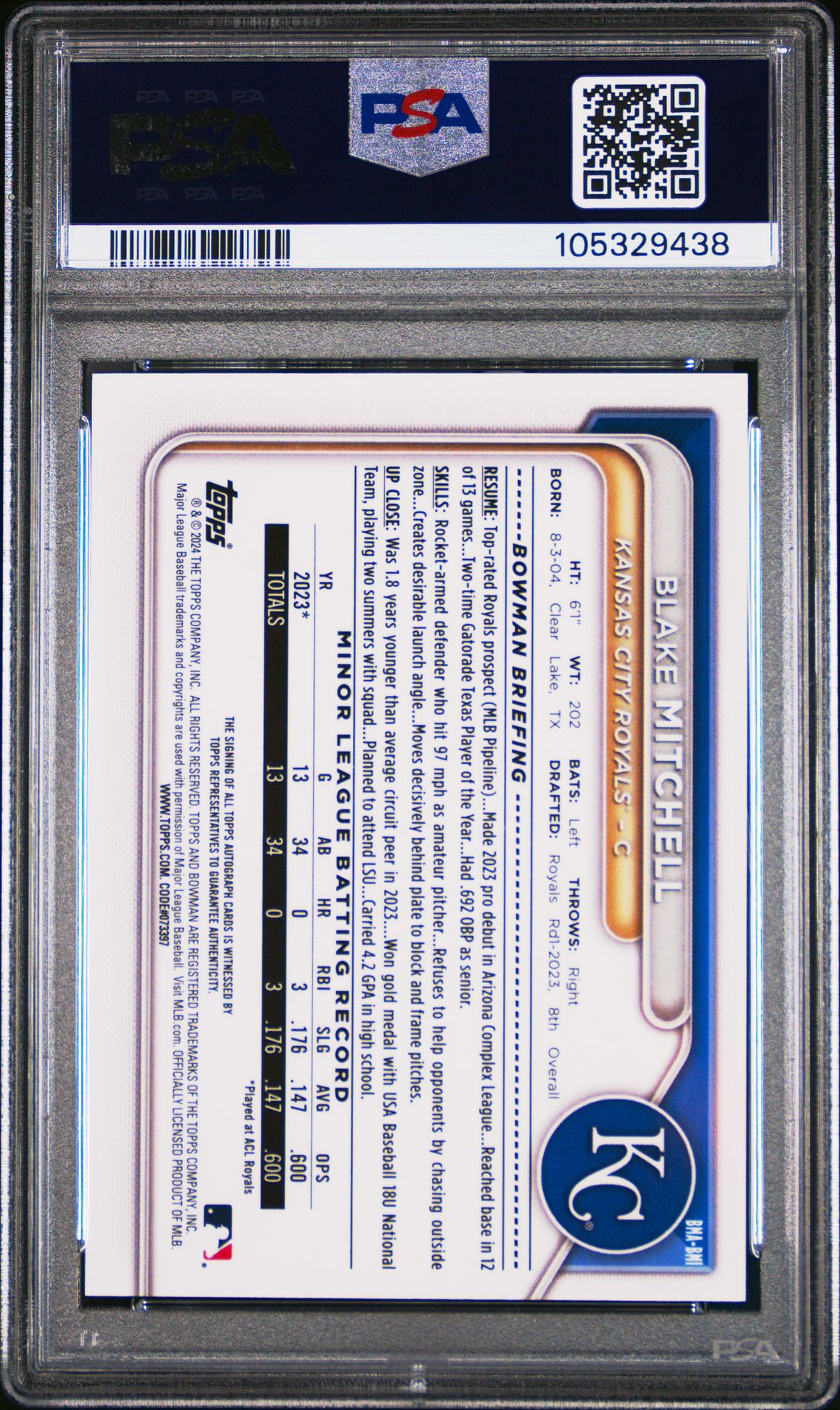 2024 Bowman Mega Box Chrome Bowman Prospect Mega Autographs Blake Mitchell #Bmi (Chrome-Prospect Autograph) Mint 9 back