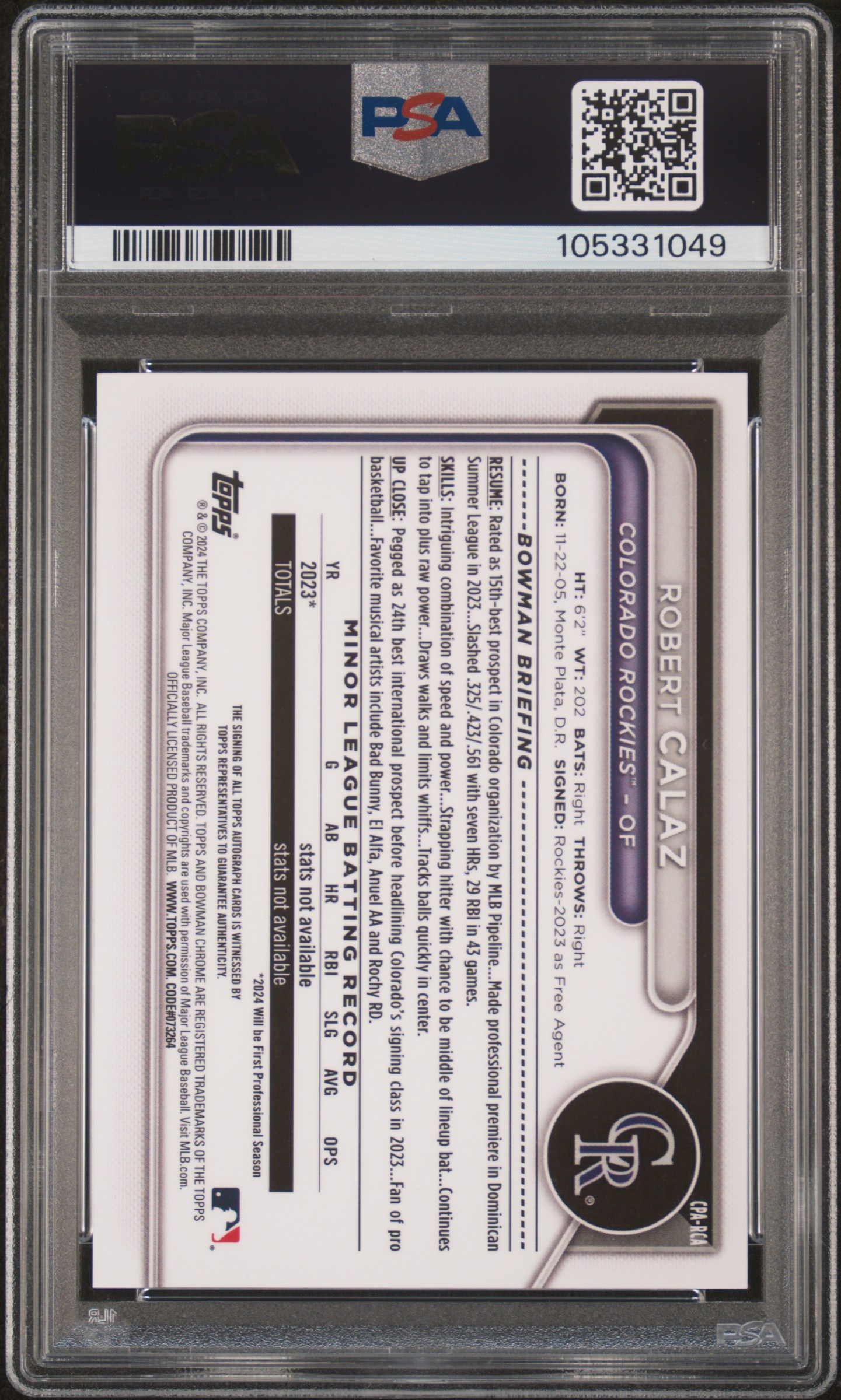 2024 Bowman Chrome Prospect Autographs Robert Calaz #Cparca (Chrome Prospect Au-Blue Ref) Mint 9 back