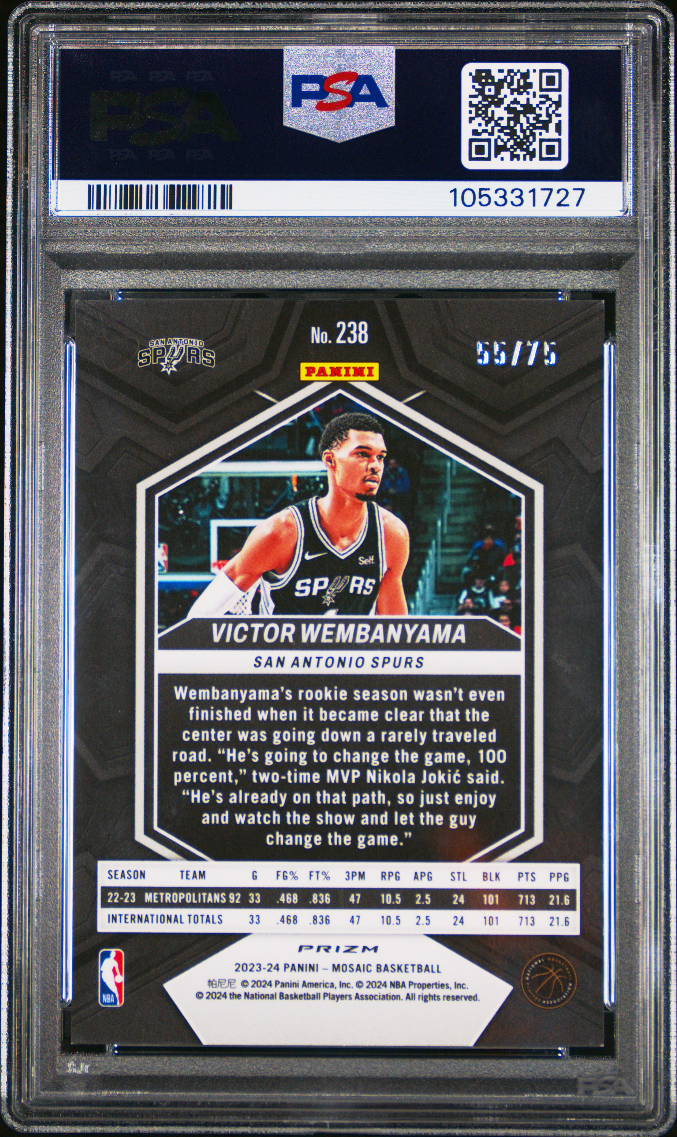 2023 Panini Mosaic Victor Wembanyama #238 (International Red) Mint 9 back