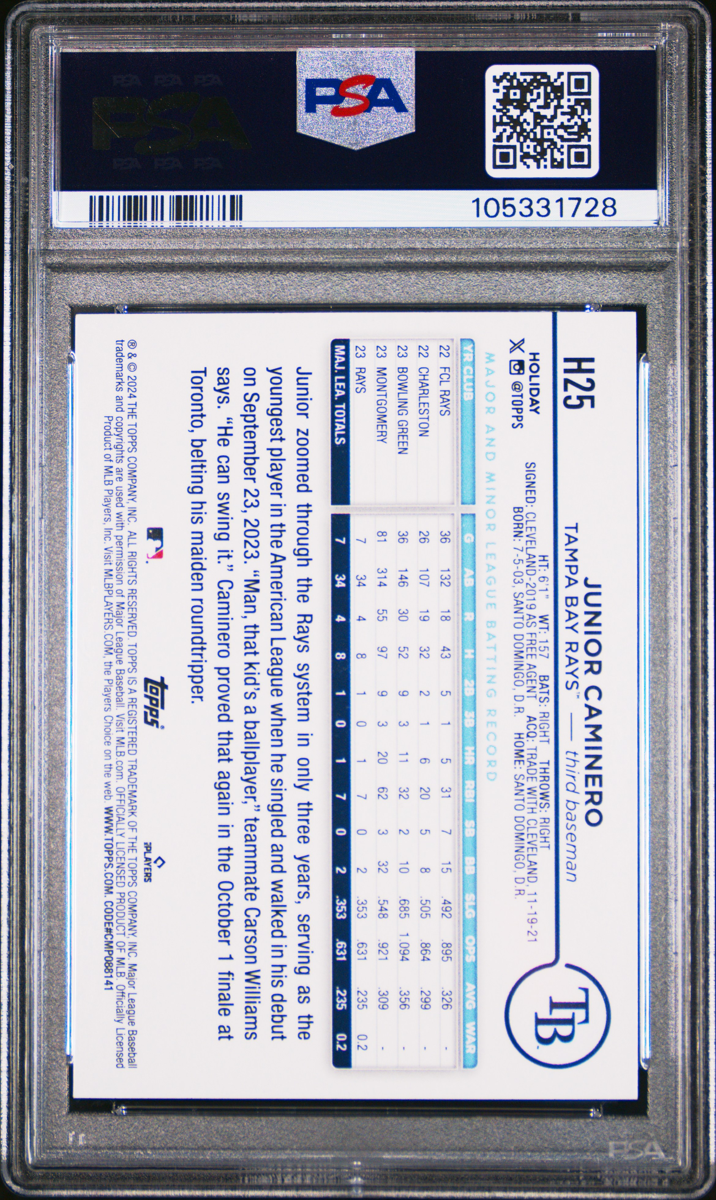 2024 Topps Holiday Junior Caminero #H25 (Holiday Tree) Gem Mt 10 back