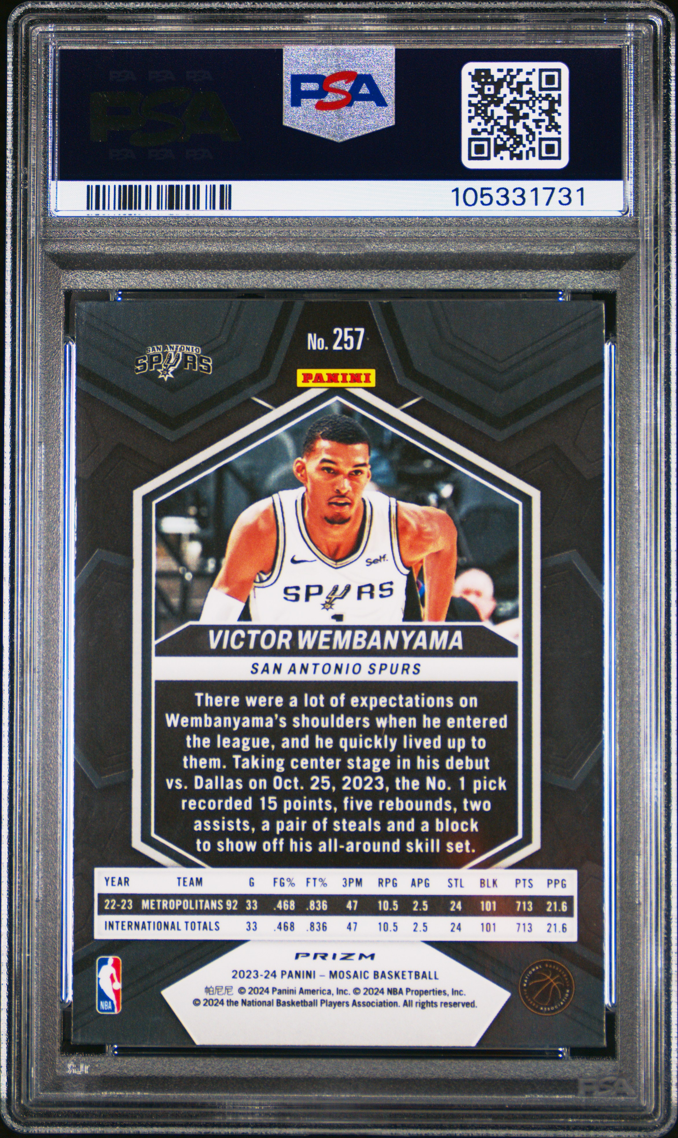 2023 Panini Mosaic Victor Wembanyama #257 (Reactive Blue) Mint 9 back