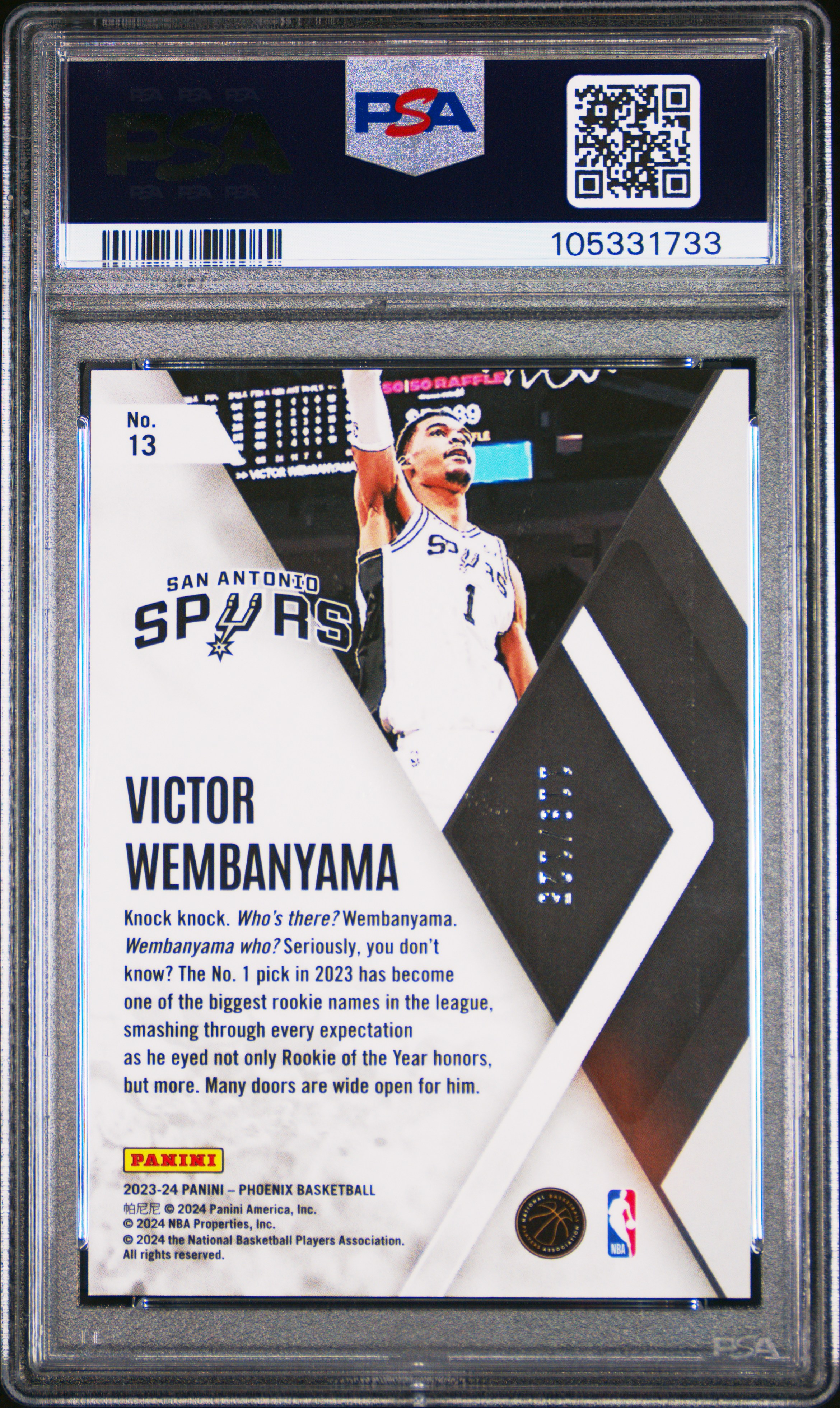 2023 Panini Phoenix Instant Phenom Victor Wembanyama #13 (Instant Phenom-White Ice) Gem Mt 10 back