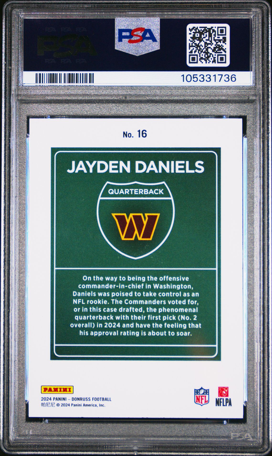 2024 Panini Donruss Downtown! Jayden Daniels #16 Gem Mt 10 back