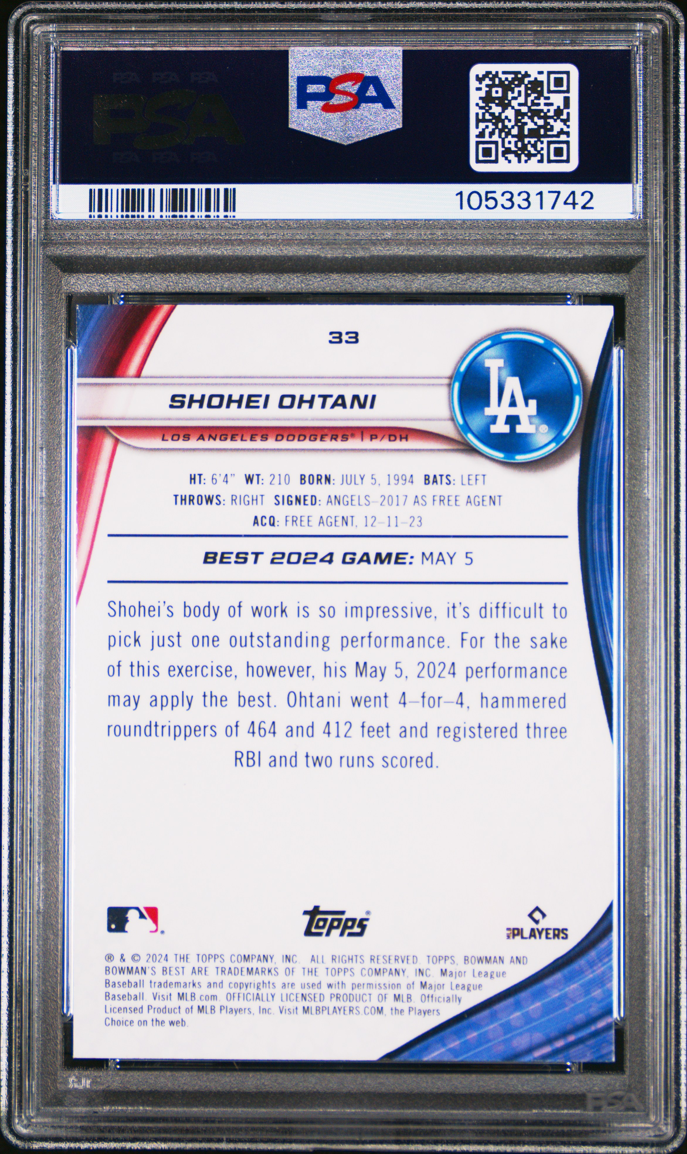 2024 Bowman's Best Shohei Ohtani #33 Gem Mt 10 back