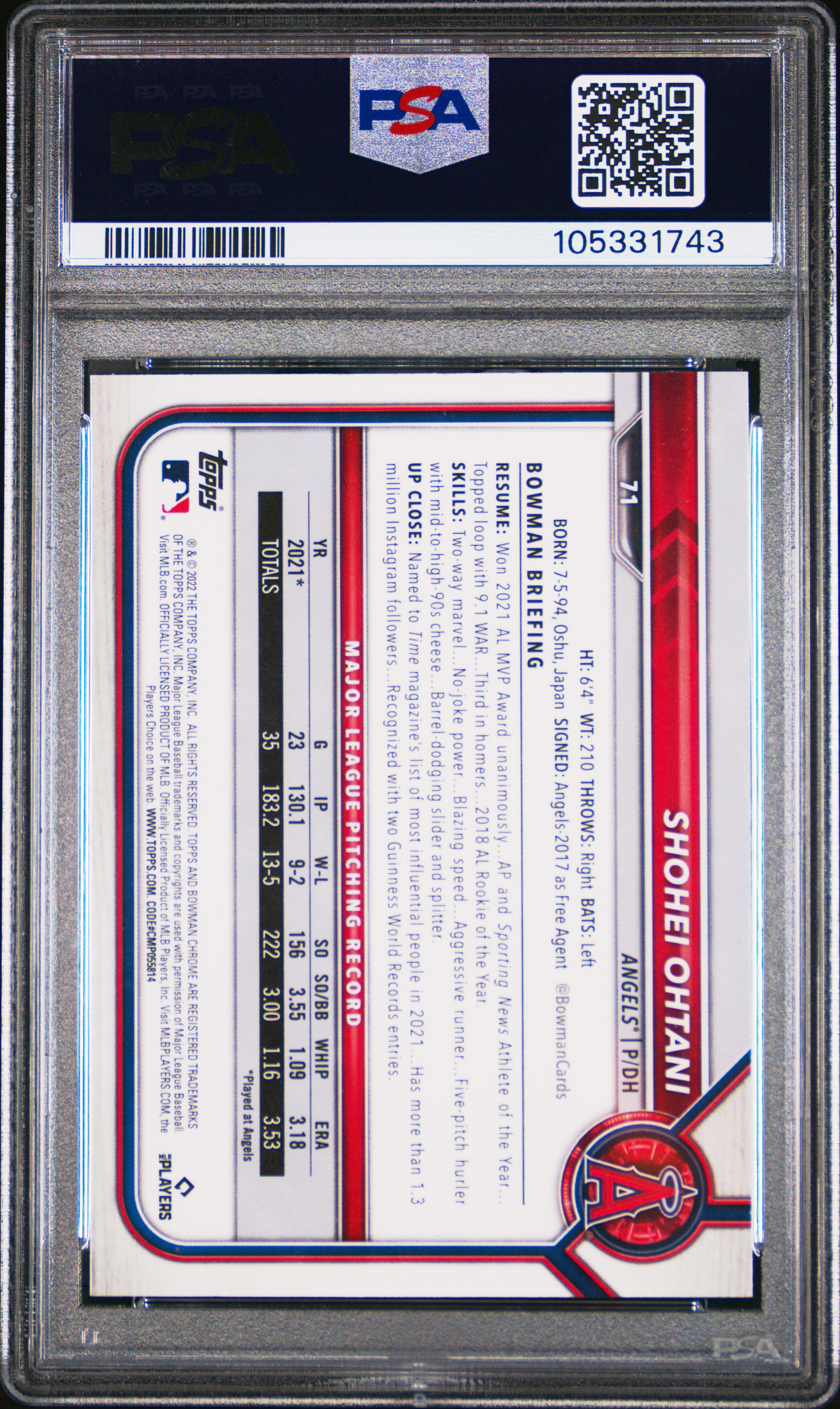 2022 Bowman Chrome Shohei Ohtani #71 Gem Mt 10 back