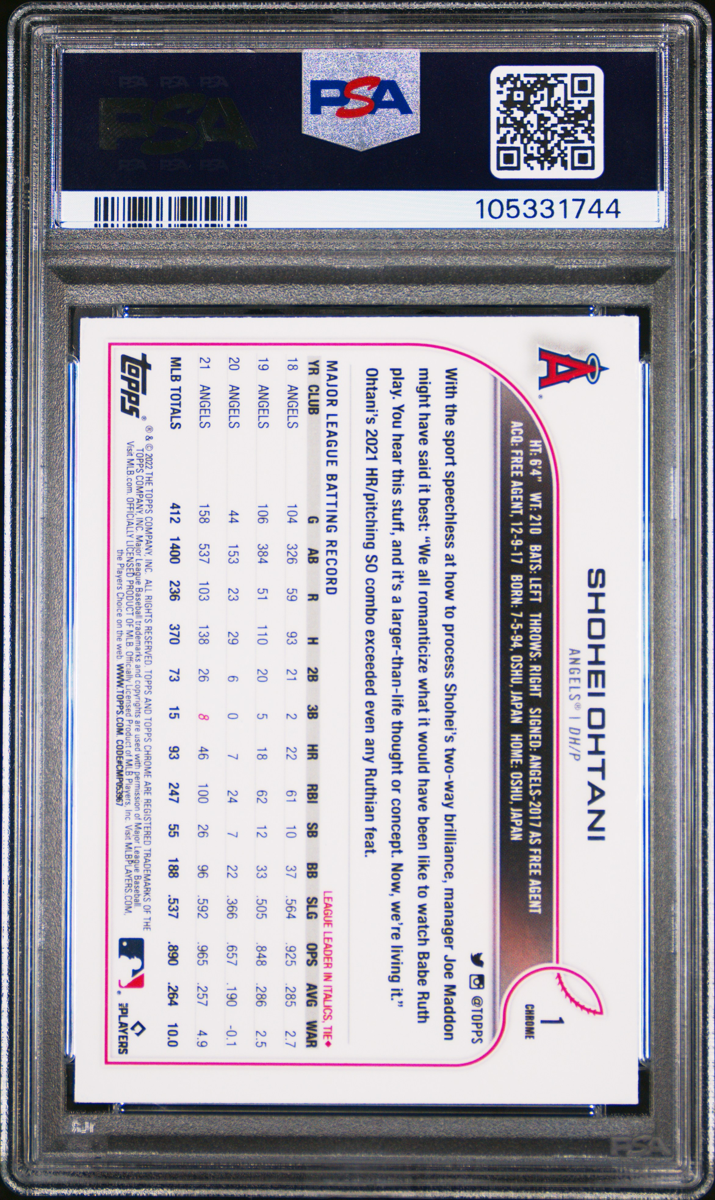 2022 Topps Chrome Shohei Ohtani #1 Mint 9 back