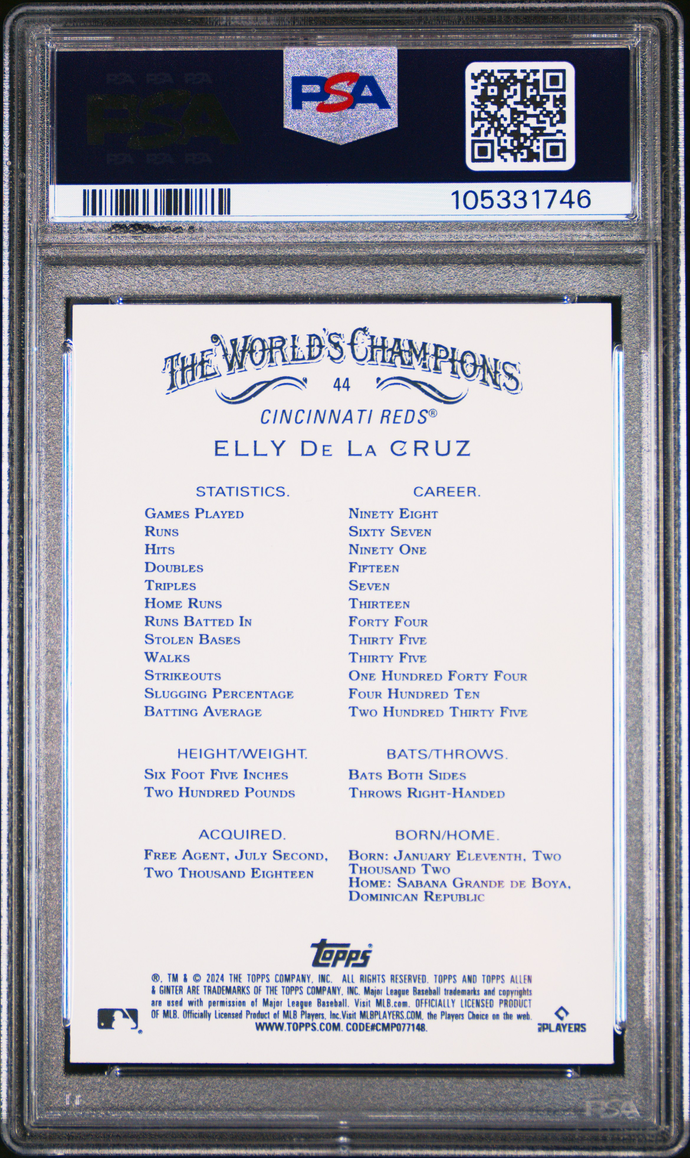 2024 Topps Allen & Ginter Elly De La Cruz #44 (Silver Portrait Hot Box) Gem Mt 10 back