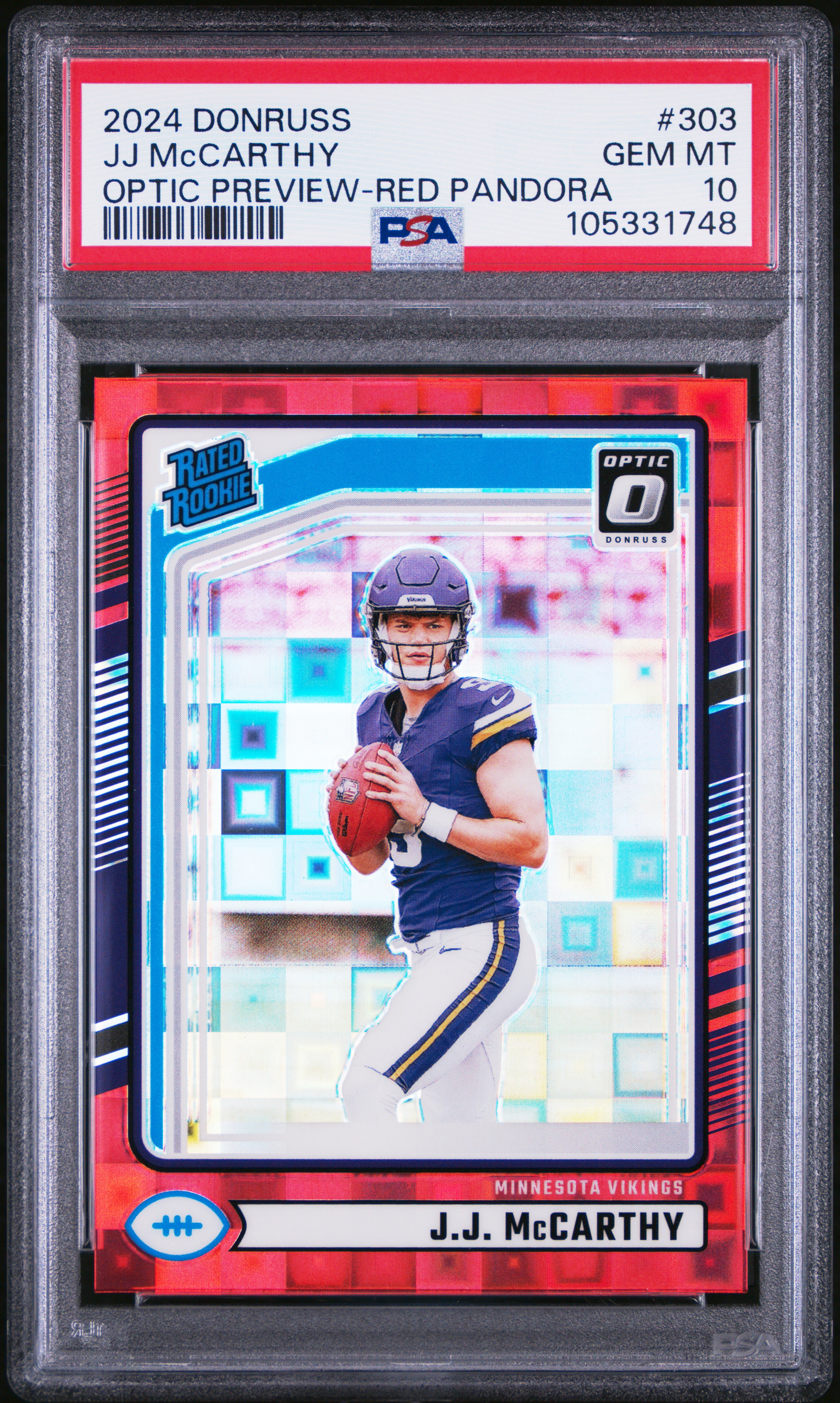 2024 Panini Donruss Jj Mccarthy #303 (Optic Preview-Red Pandora) Gem Mt 10 front