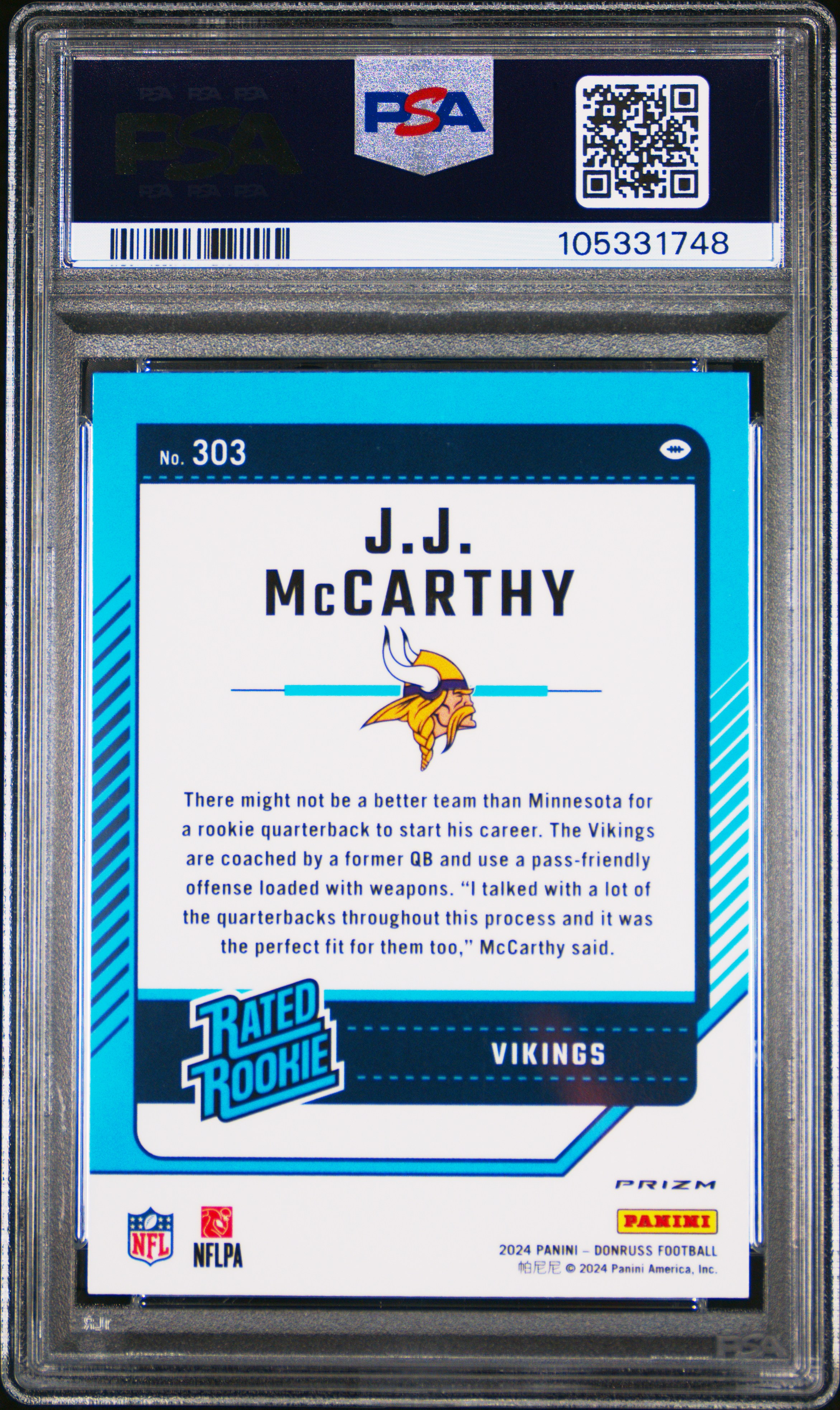 2024 Panini Donruss Jj Mccarthy #303 (Optic Preview-Red Pandora) Gem Mt 10 back